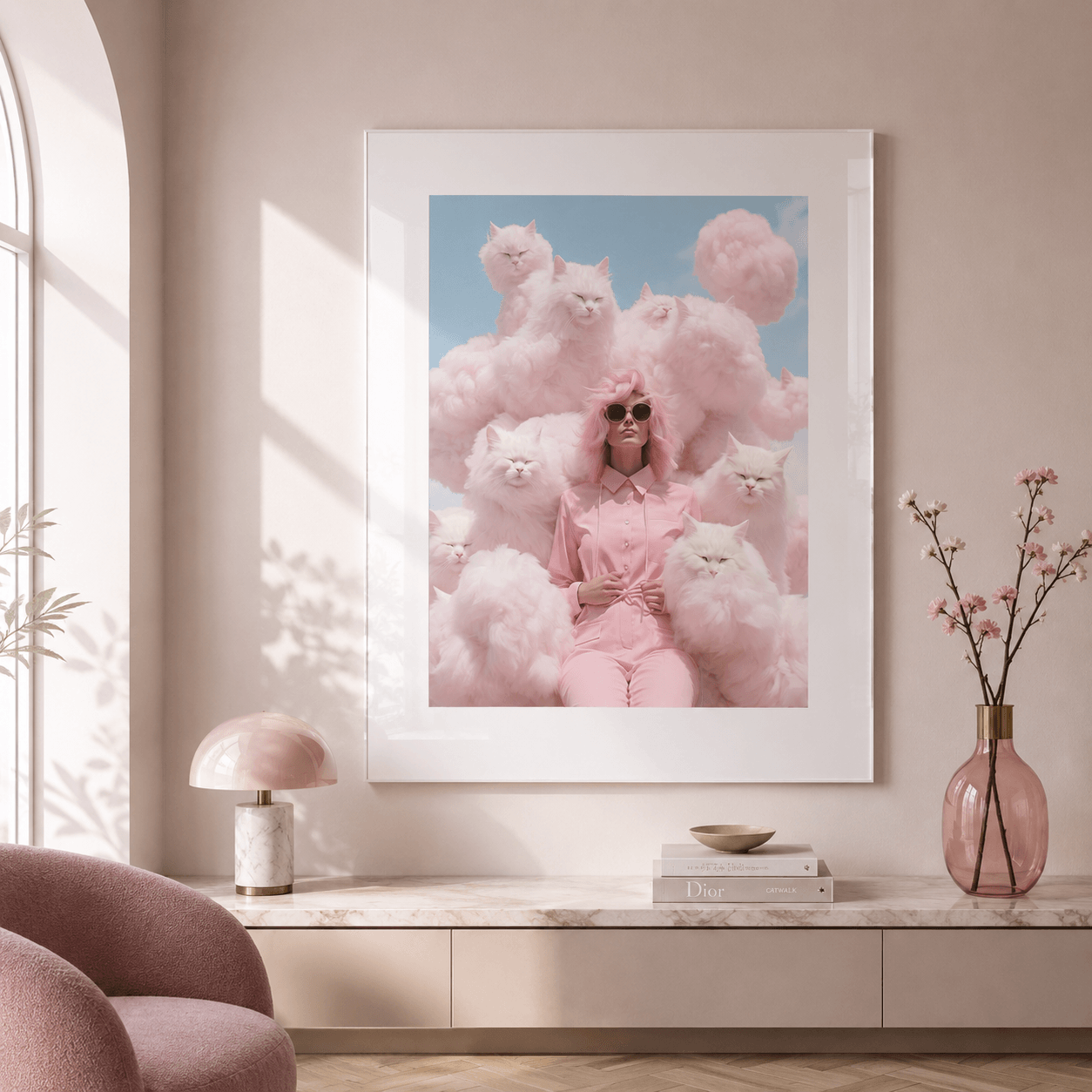 Cuadro Póster Mujer con Gatos Rosas | Decoración Surrealista