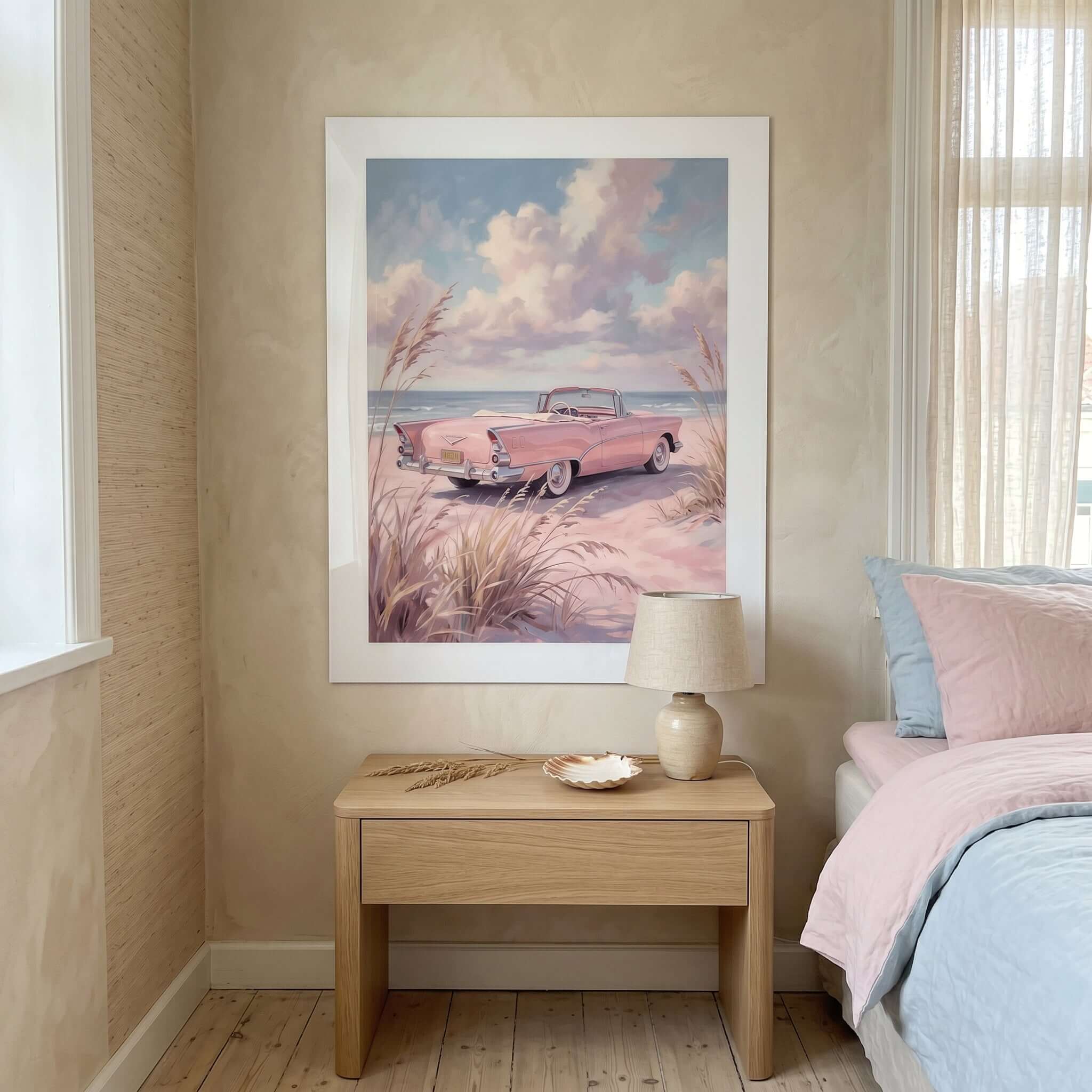 Cuadro Póster Coche Rosa junto al Mar | Decoración Pastel