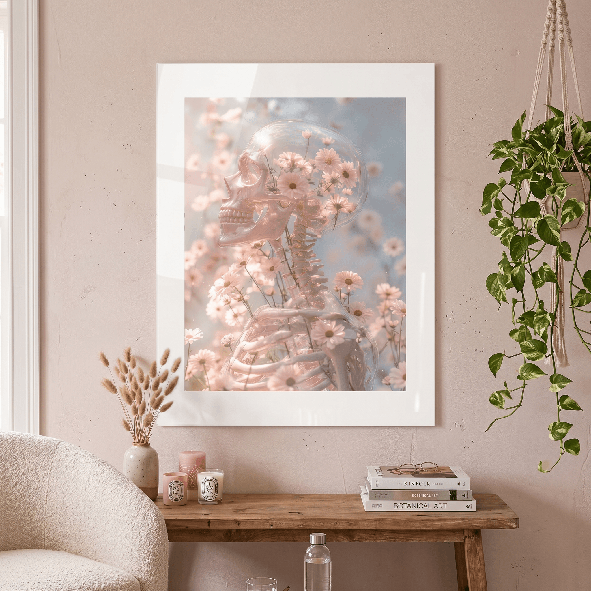 Cuadro Póster Estatua con Flores Rosadas | Decoración Elegante
