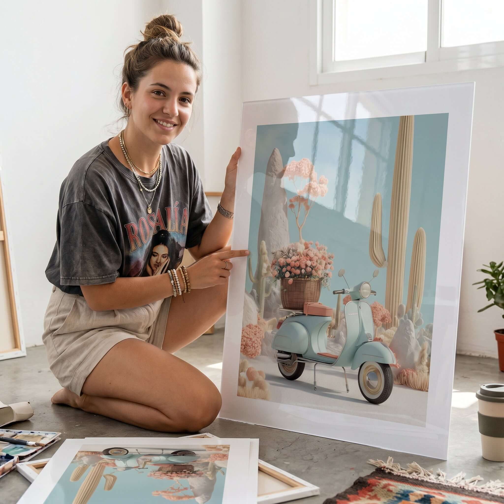 Cuadro Póster Vespa entre Cactus | Decoración Pastel