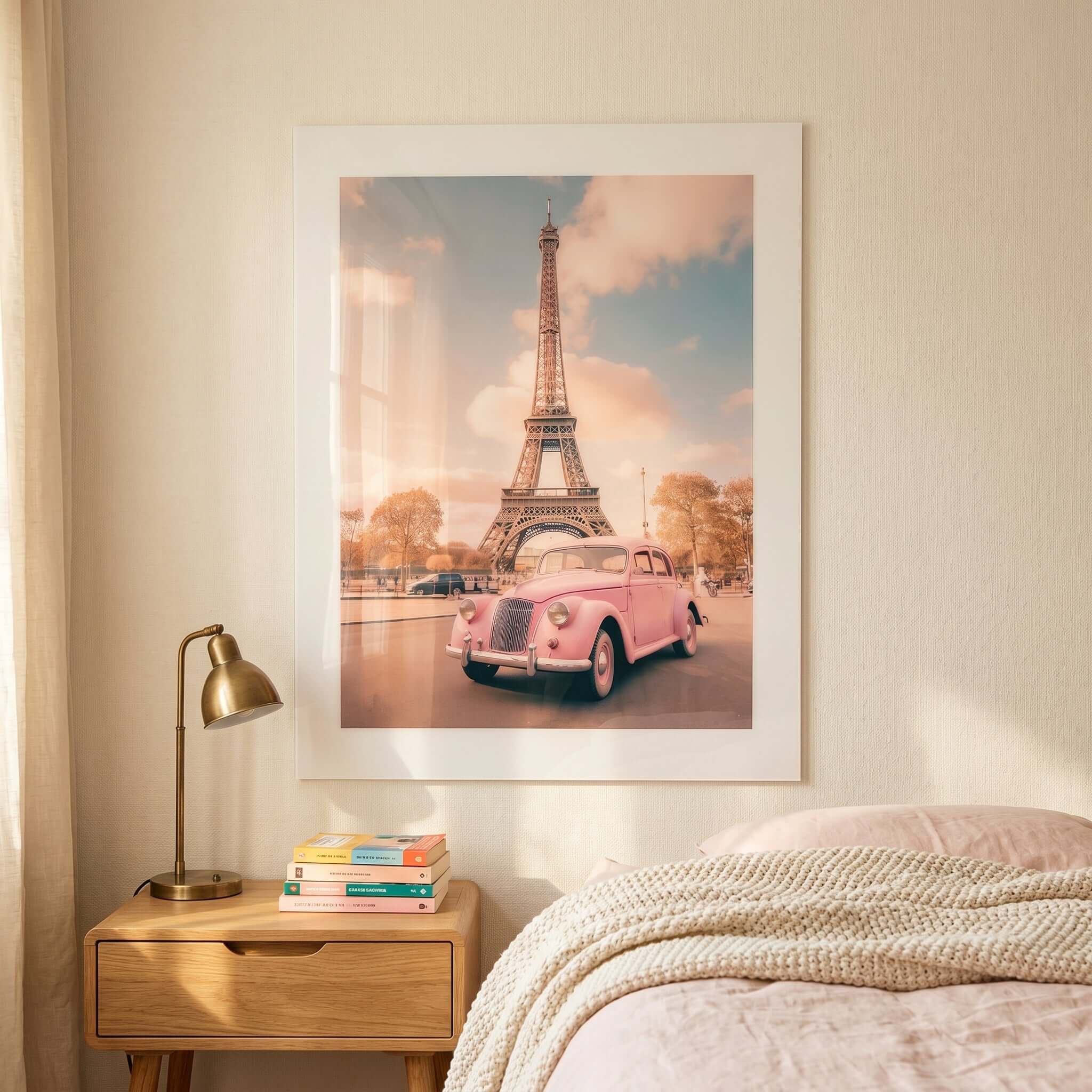 Cuadro Póster París con Coche Rosa | Decoración Pastel