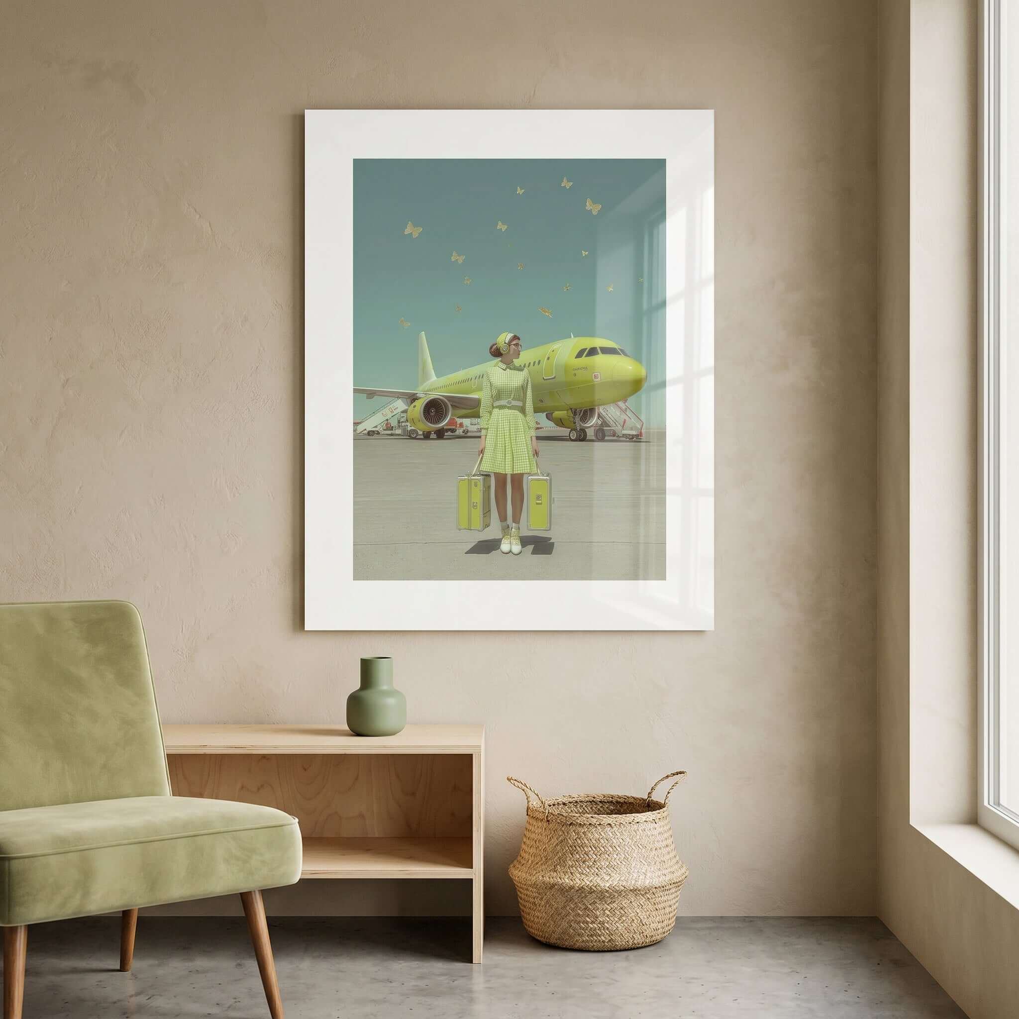 Cuadro Póster Avión Verde con Mariposas | Decoración Surrealista