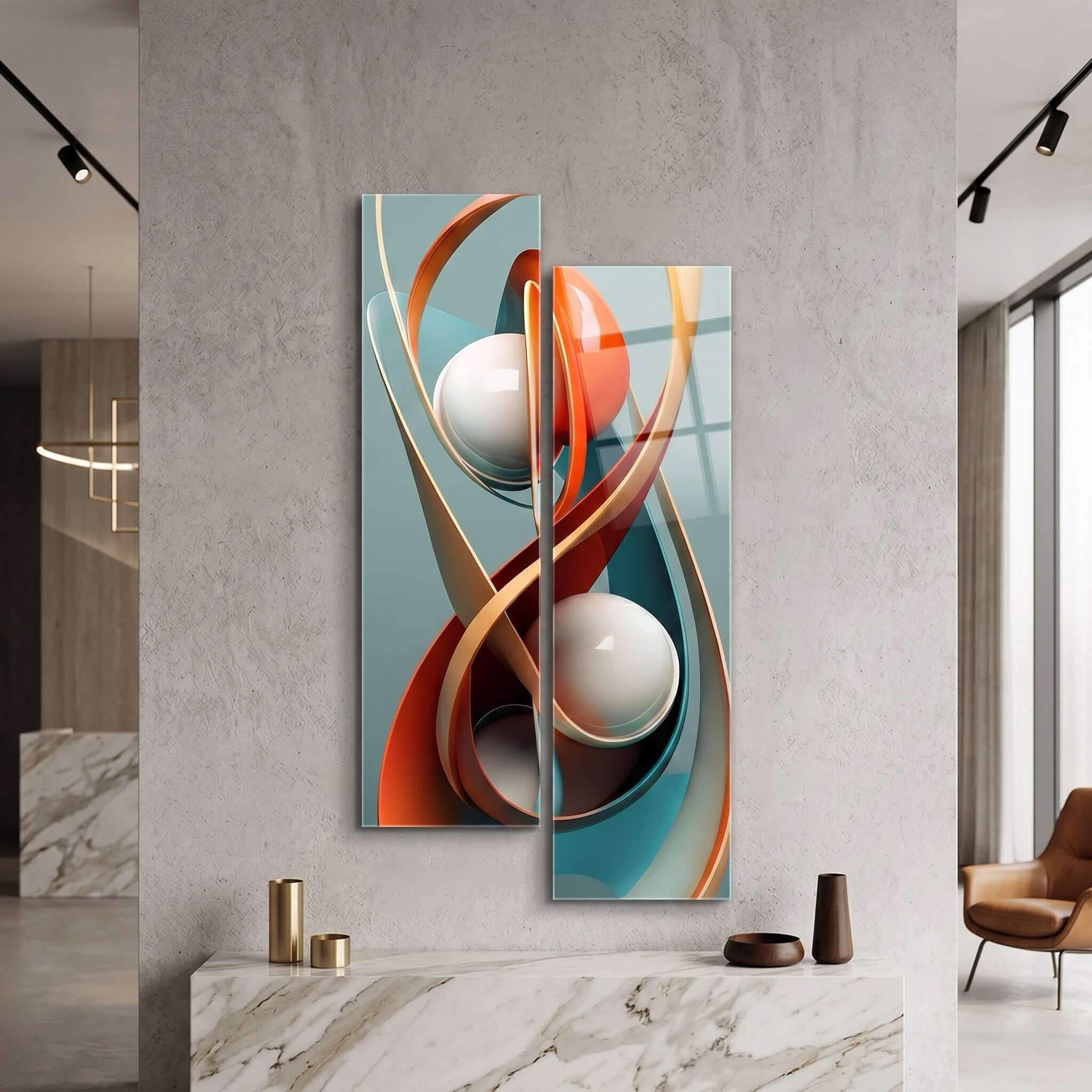 Cuadro Díptico Abstracto Turquesa y Naranja | Decoración Moderna