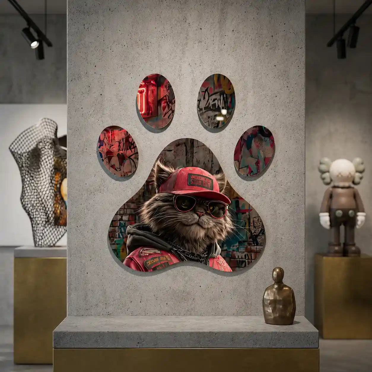 Cuadro Huella Felina | Gato Urbano con Gorra Roja