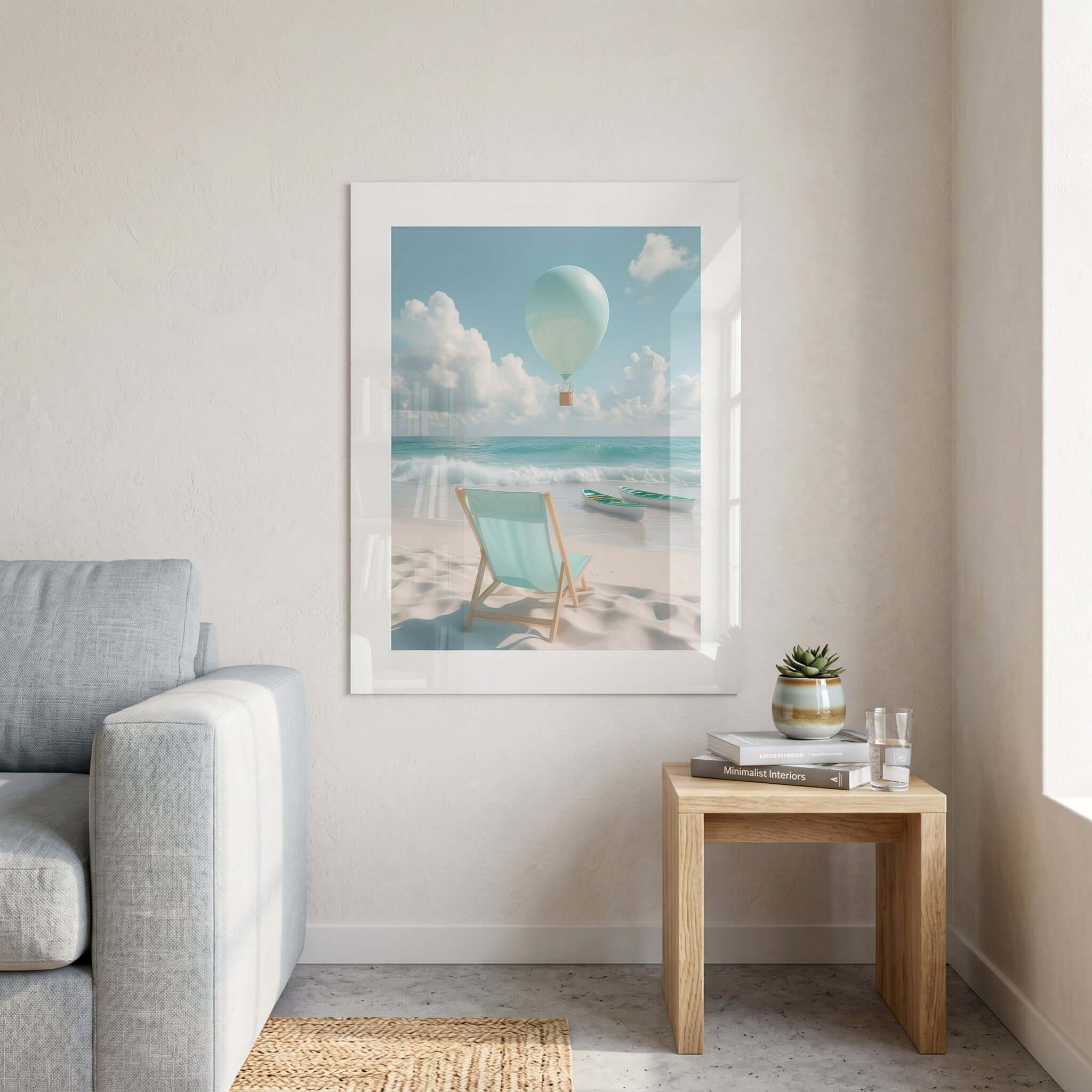 Cuadro Póster Playa con Globo Aerostático | Decoración Pastel