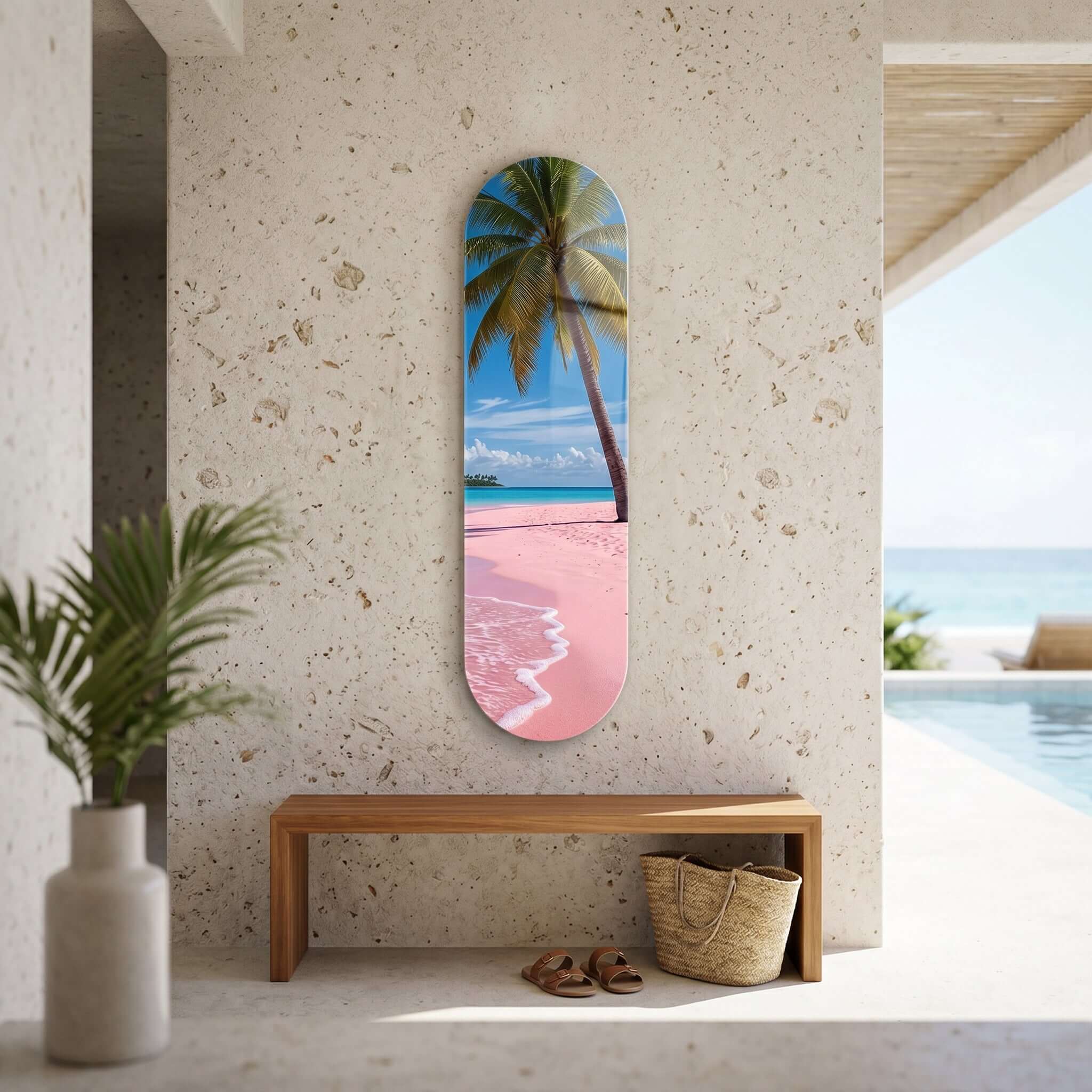 Cuadro Patineta Playa Rosa con Palmeras | Decoración Tropical