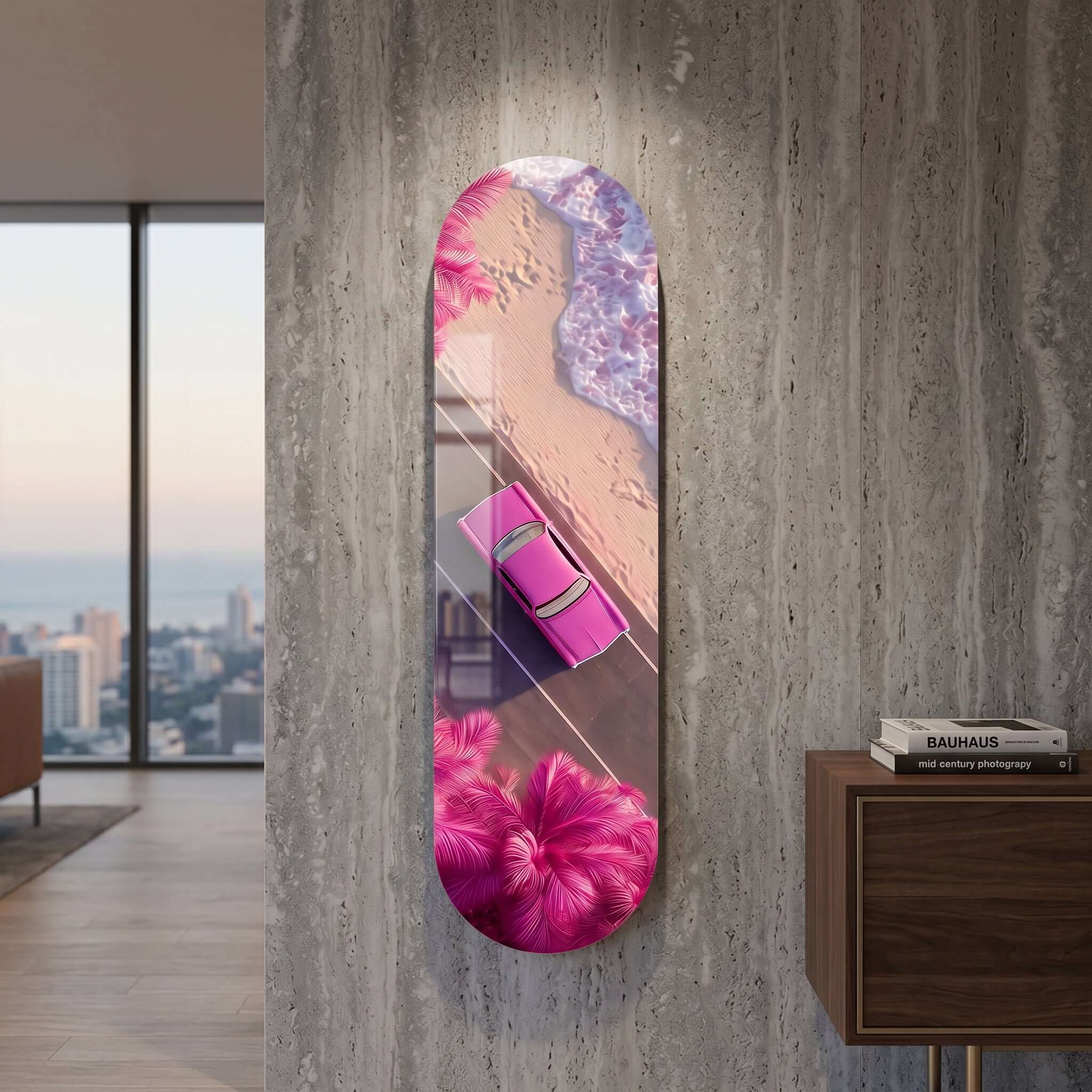 Cuadro Patineta con Coche Rosa | Decoración Urbana Neón
