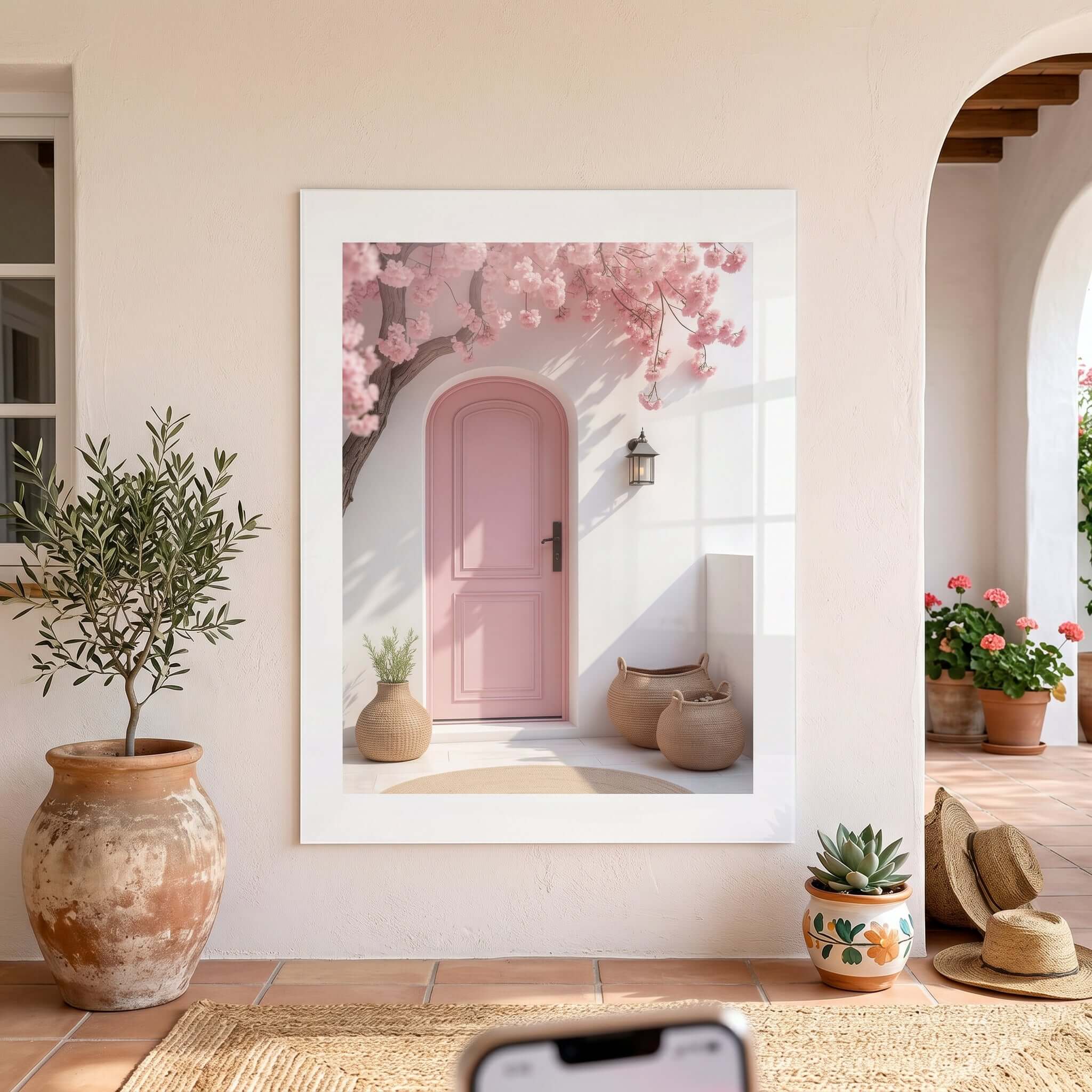 Cuadro Póster Puerta Rosa con Flores | Decoración Mediterránea