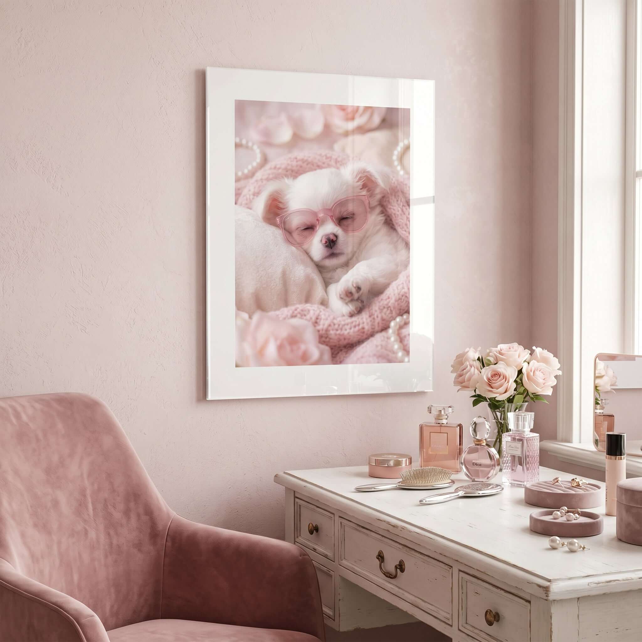 Cuadro Póster Cachorro Blanco | Decoración Rosa Pastel