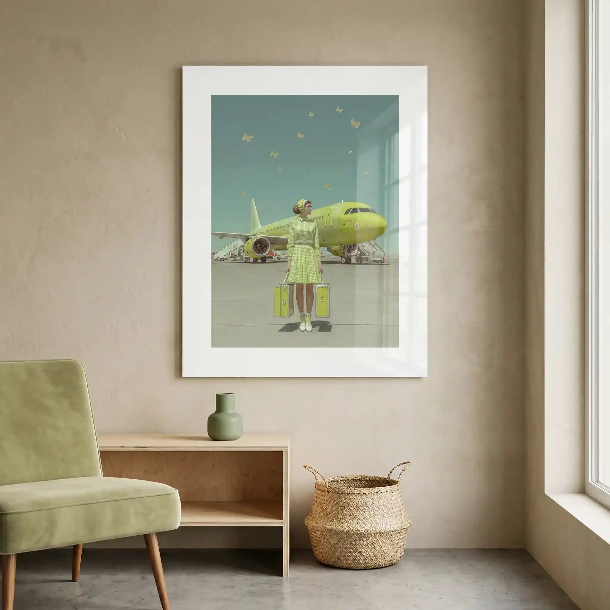 Cuadro Póster Viajera con Avión Verde | Estilo Retro