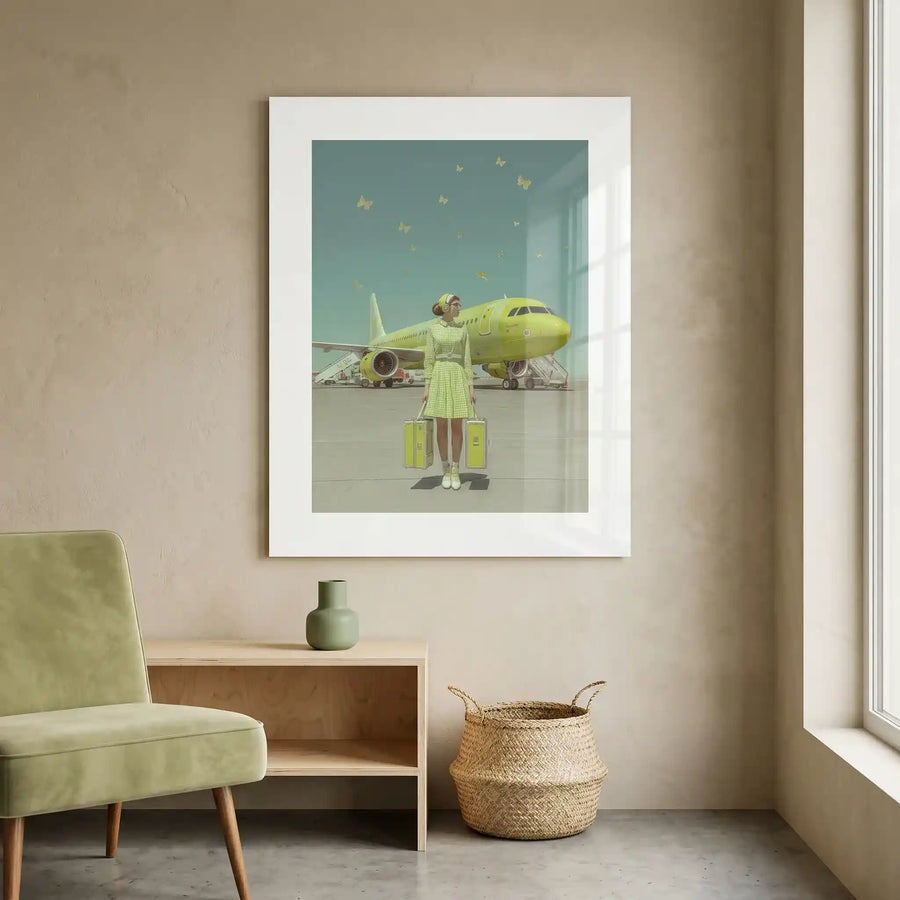 Cuadro Póster Viajera con Avión Verde | Estilo Retro
