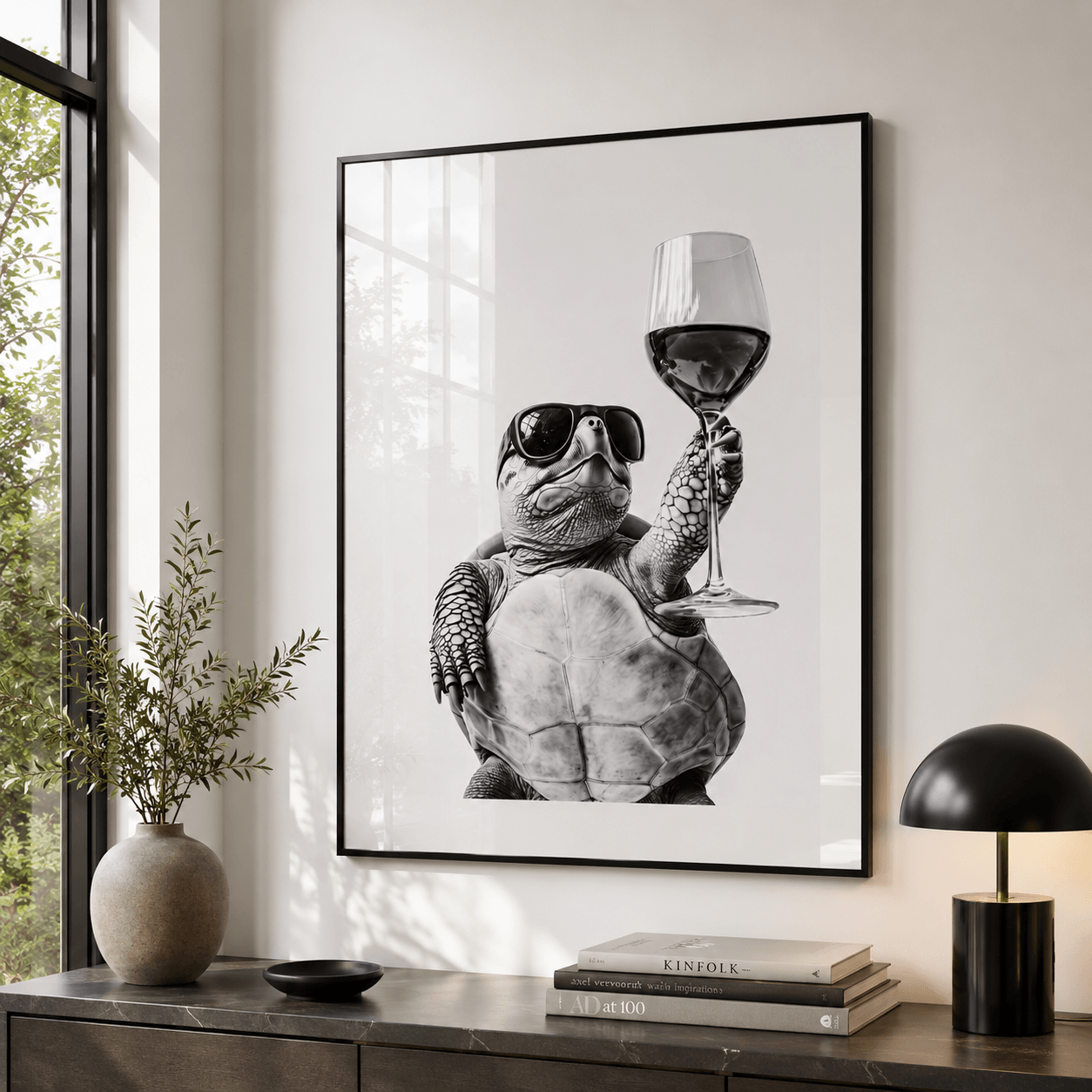 Cuadro Póster Tortuga con Copa de Vino | Decoración Original