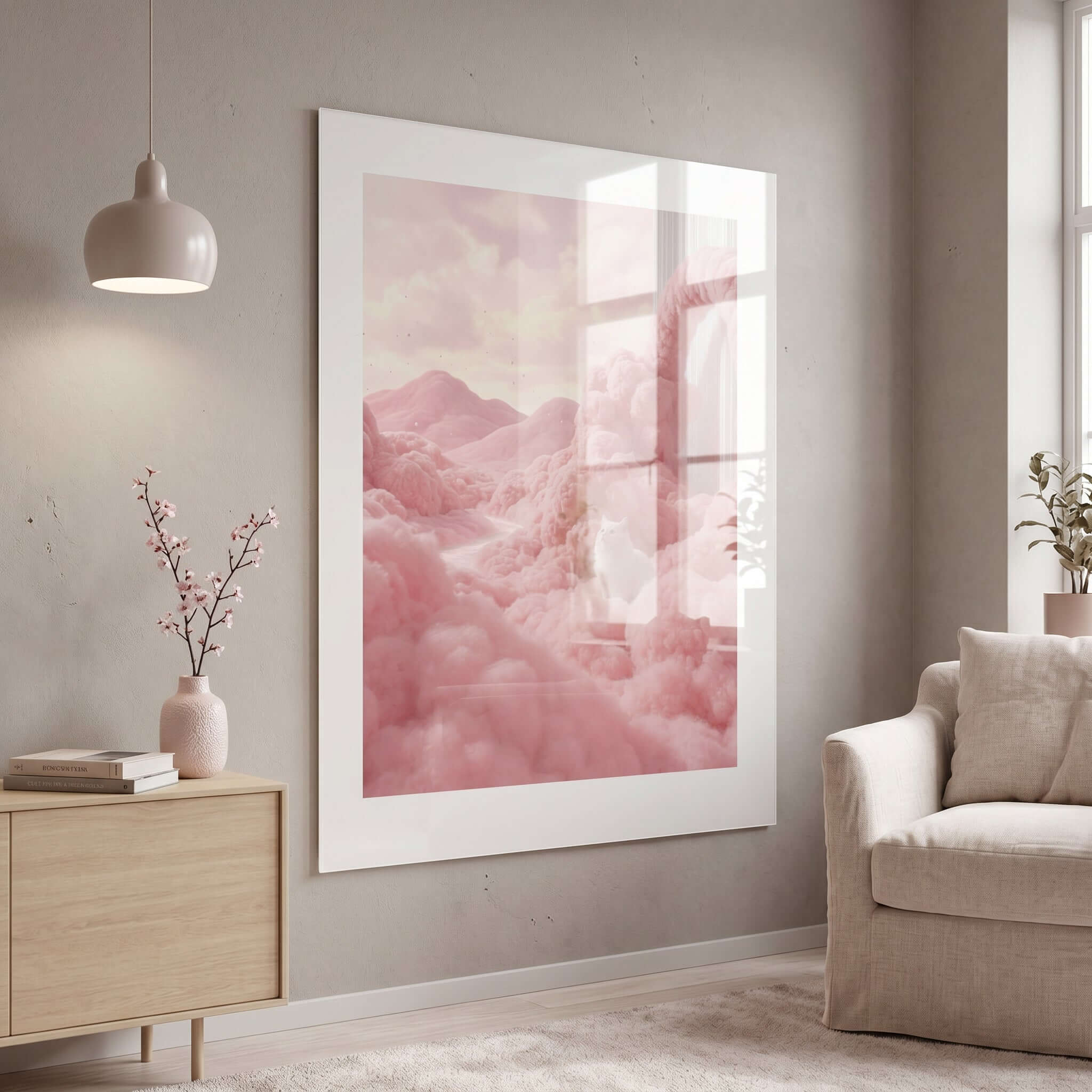 Cuadro Póster Gato Blanco entre Nubes | Decoración Rosa
