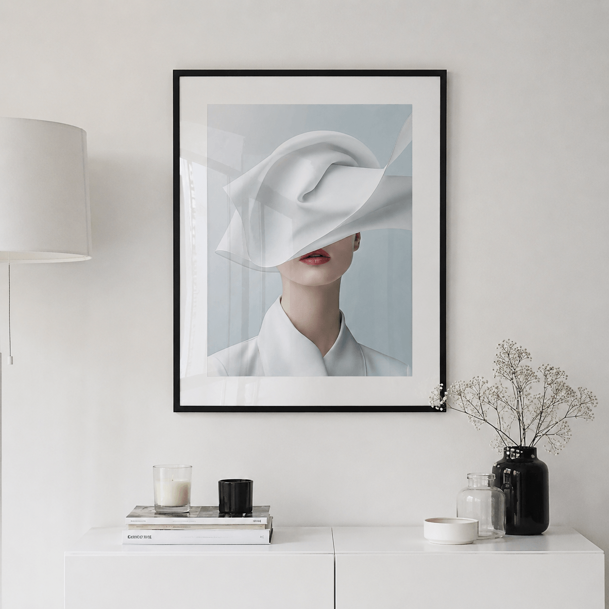 Cuadro Póster Mujer con Tela Blanca | Decoración Minimalista