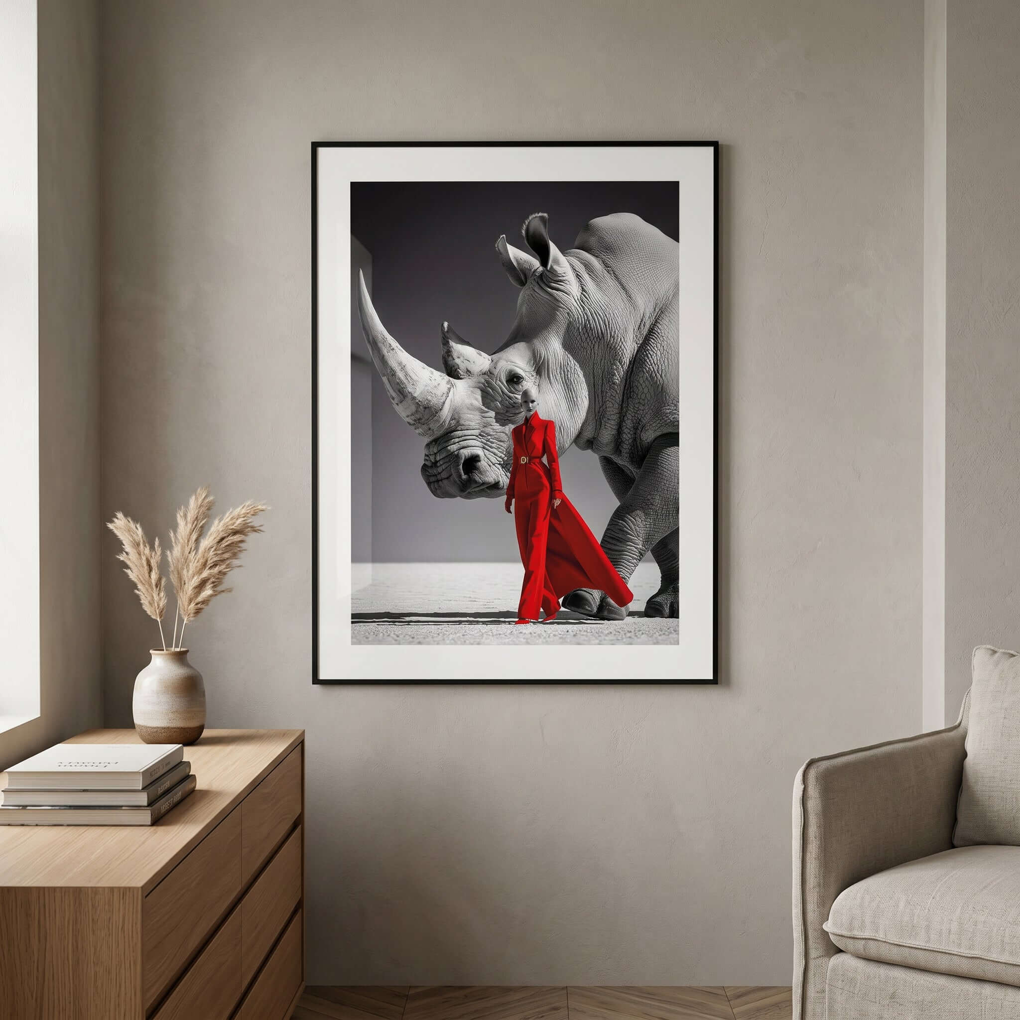 Cuadro Póster Rinoceronte y Mujer de Rojo | Decoración Moderna