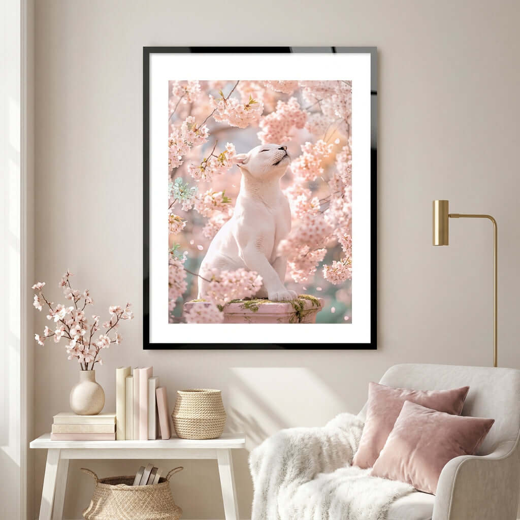 Cuadro Póster Puma Blanco | Decoración Floral Rosa