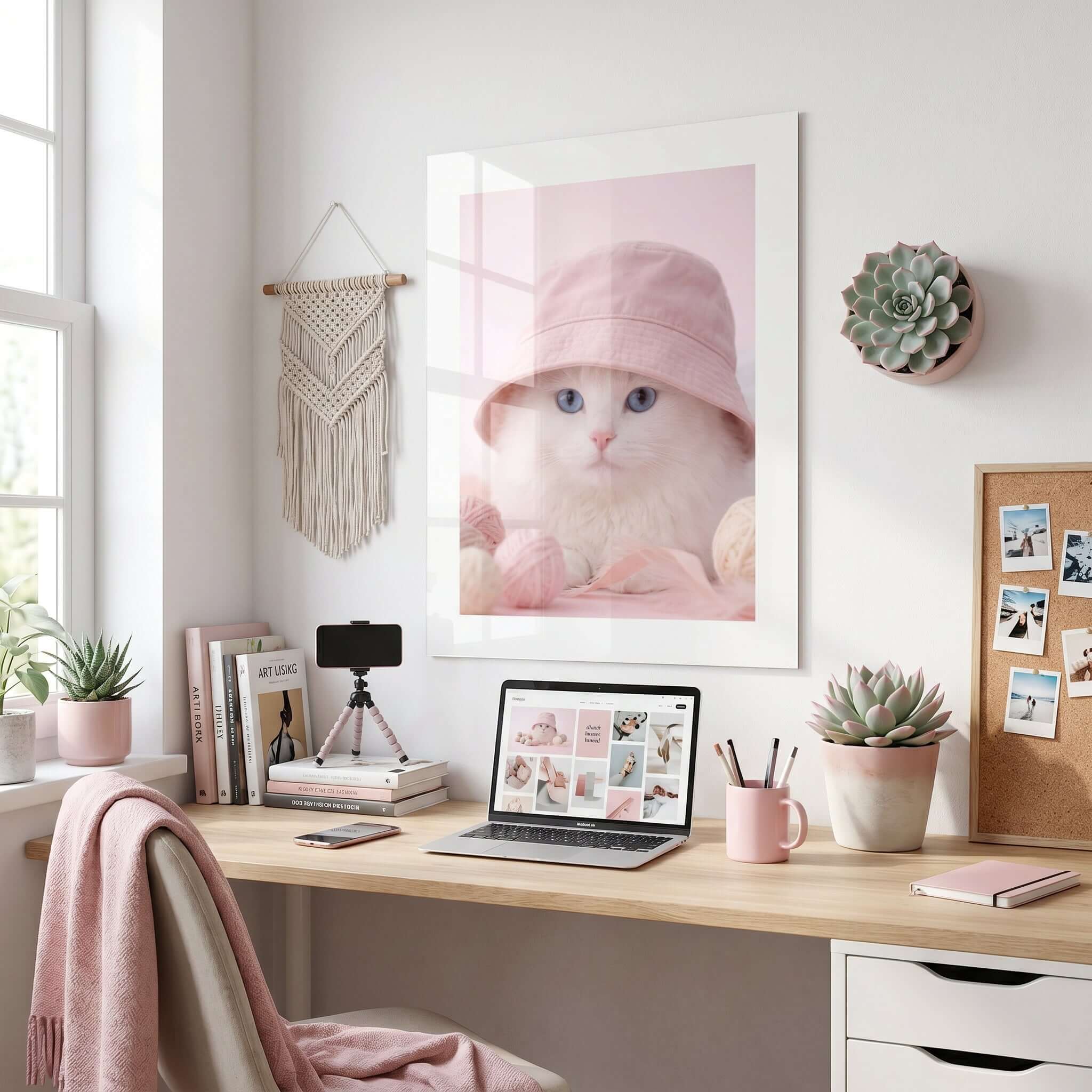 Cuadro Póster Gato Blanco con Sombrero | Decoración Rosa Pastel