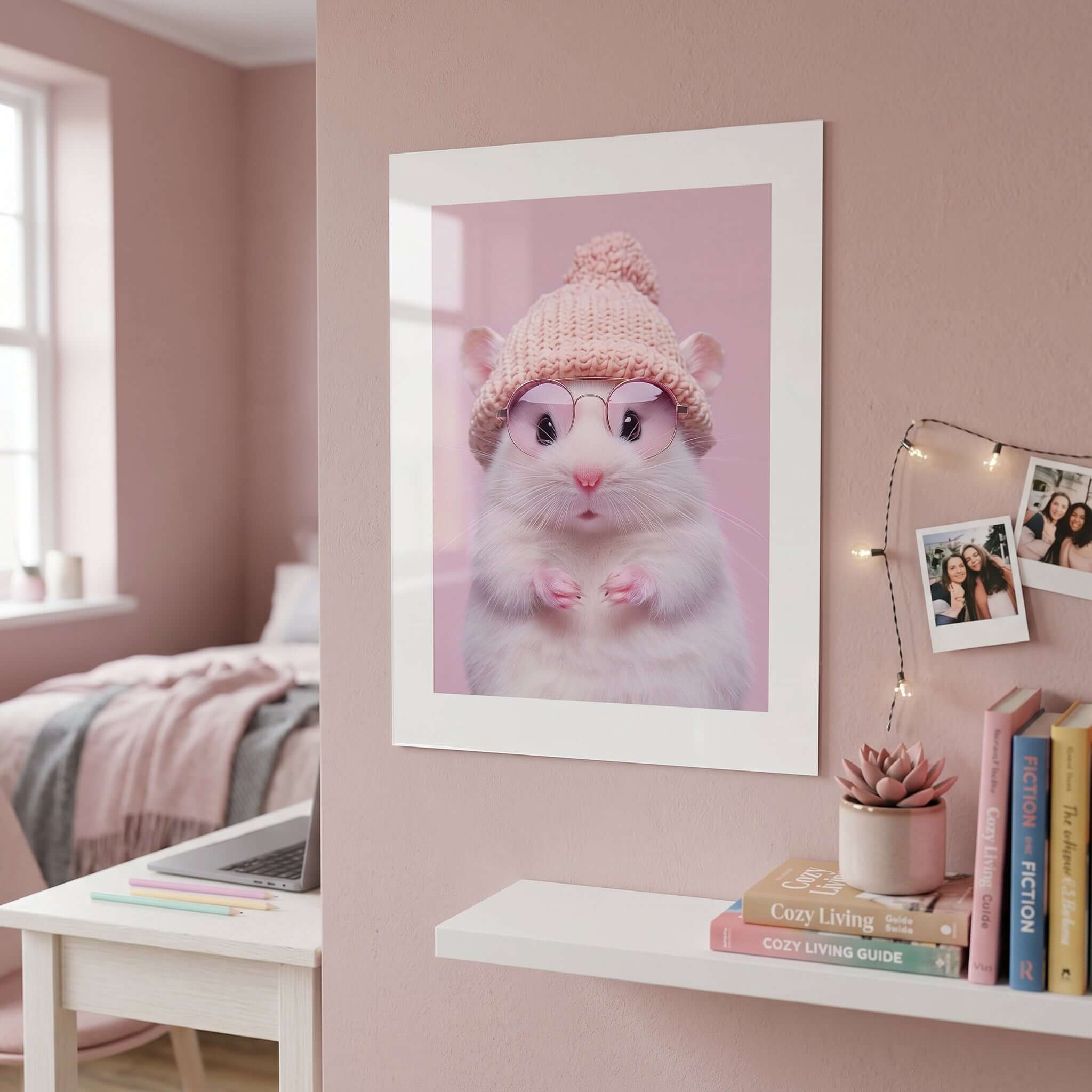 Cuadro Póster Hámster con Gorro | Decoración Rosa Pastel