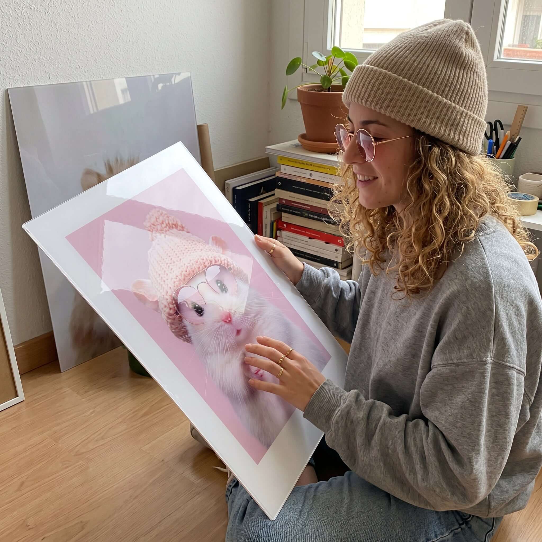 Cuadro Póster Hámster con Gorro | Decoración Rosa Pastel