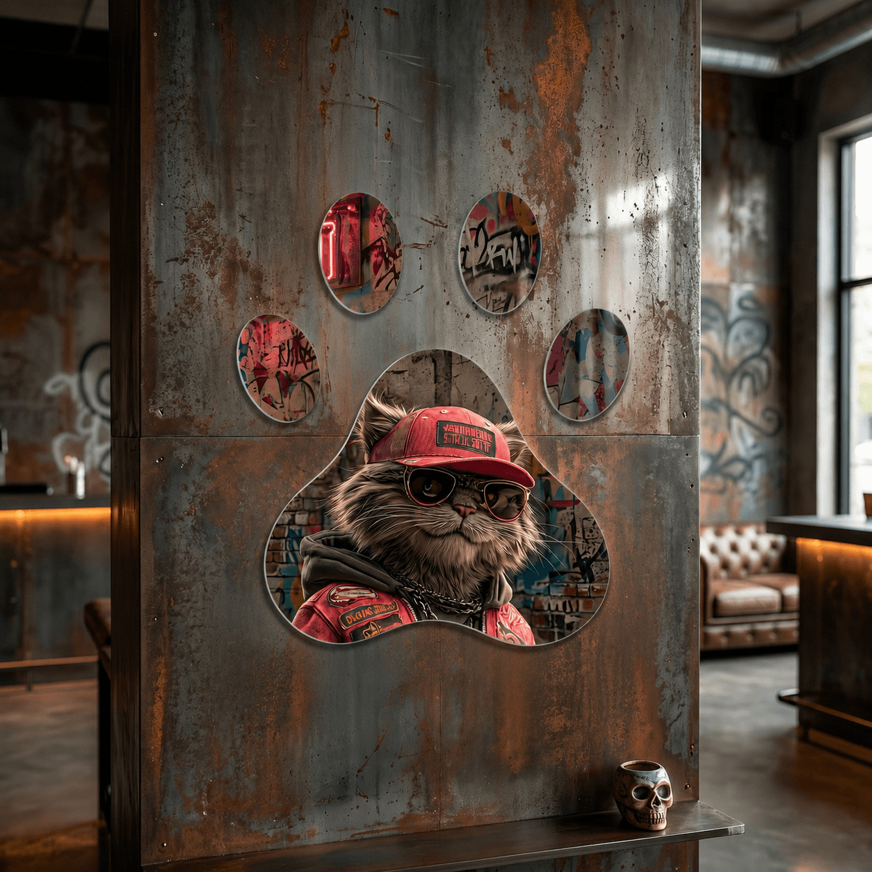 Cuadro Huella de Gato Urbano con Gorra | Decoración Original
