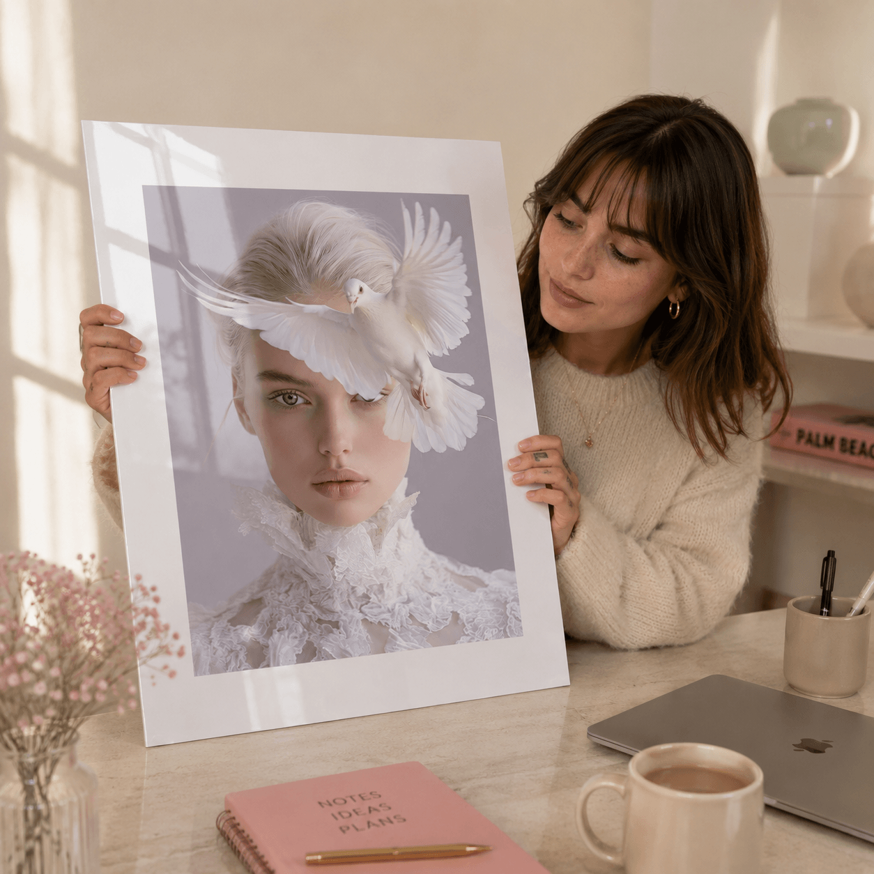 Cuadro Póster Mujer con Paloma Blanca | Decoración Elegante