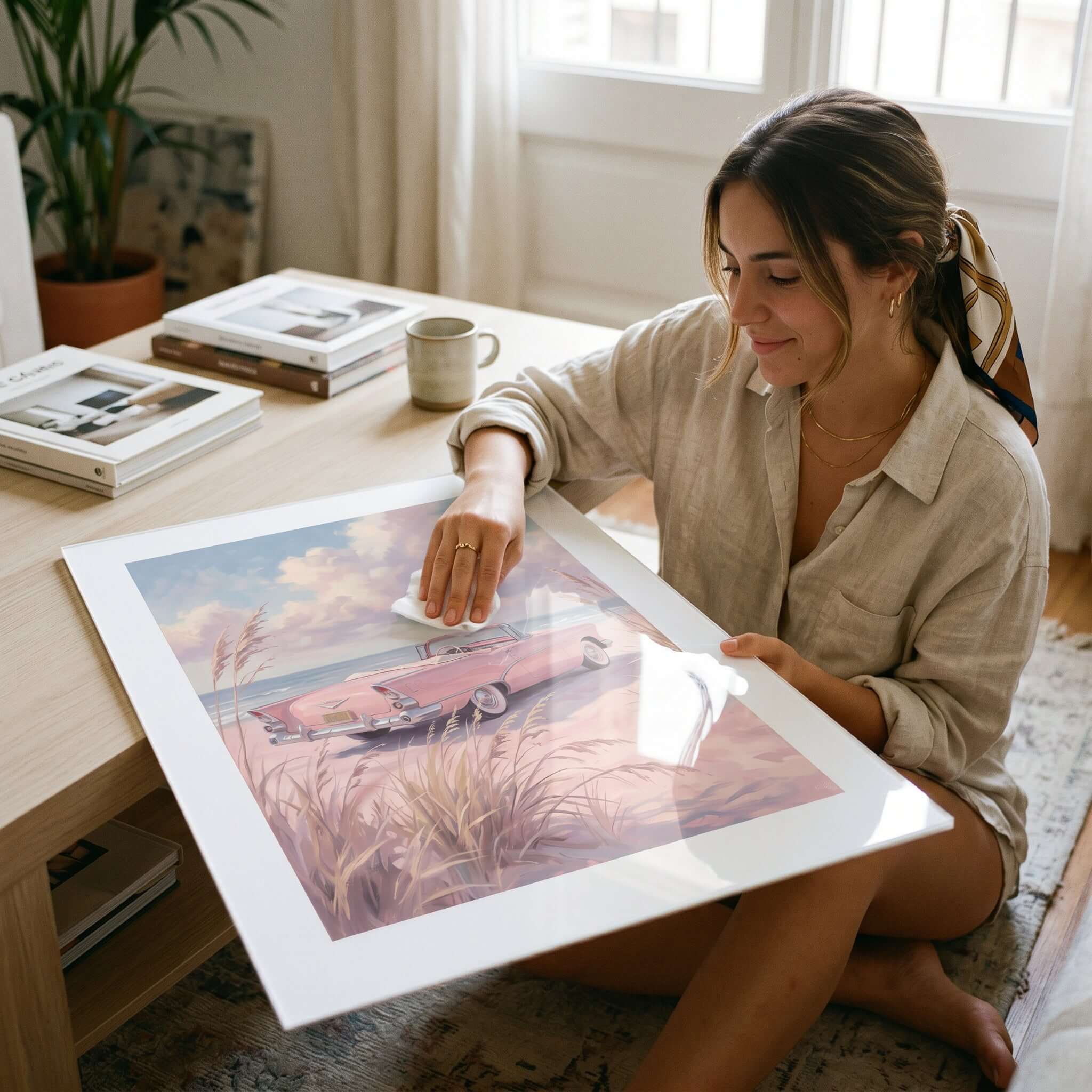 Cuadro Póster Coche Rosa junto al Mar | Decoración Pastel