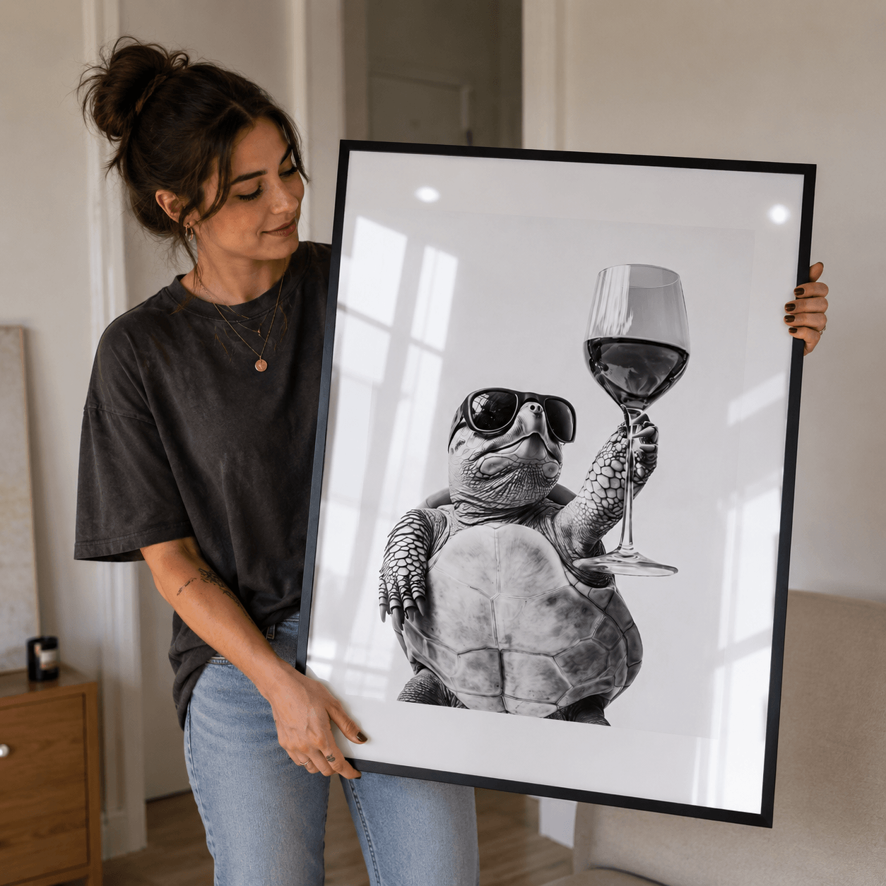 Cuadro Póster Tortuga con Copa de Vino | Decoración Original