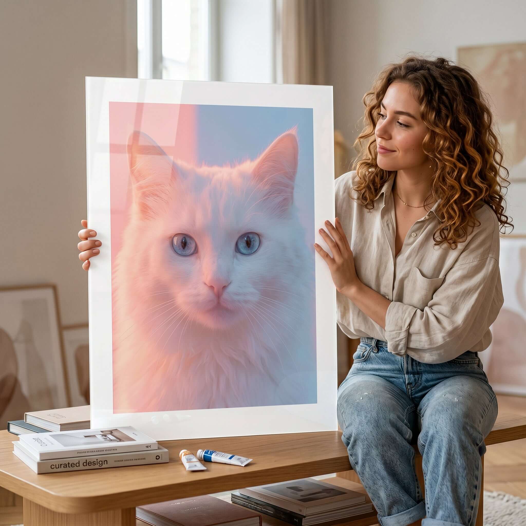 Cuadro Póster Gato Blanco | Decoración en Tonos Pastel