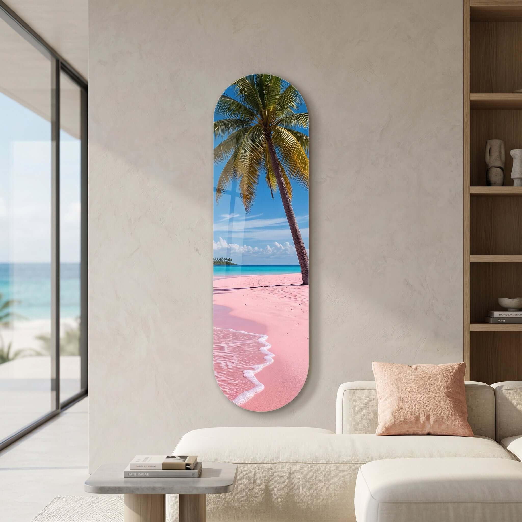 Cuadro Patineta Playa Rosa con Palmeras | Decoración Tropical