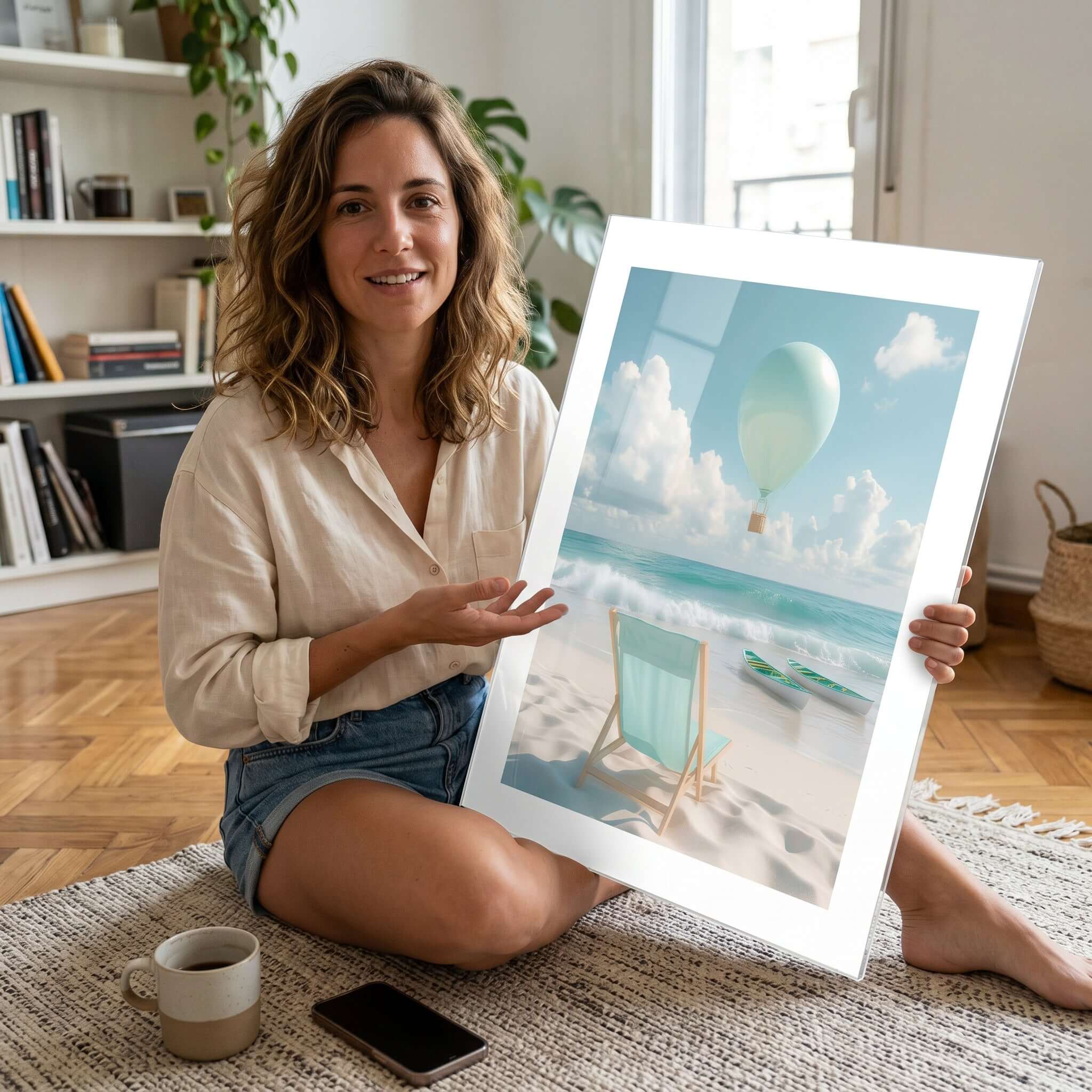Cuadro Póster Playa con Globo Aerostático | Decoración Pastel