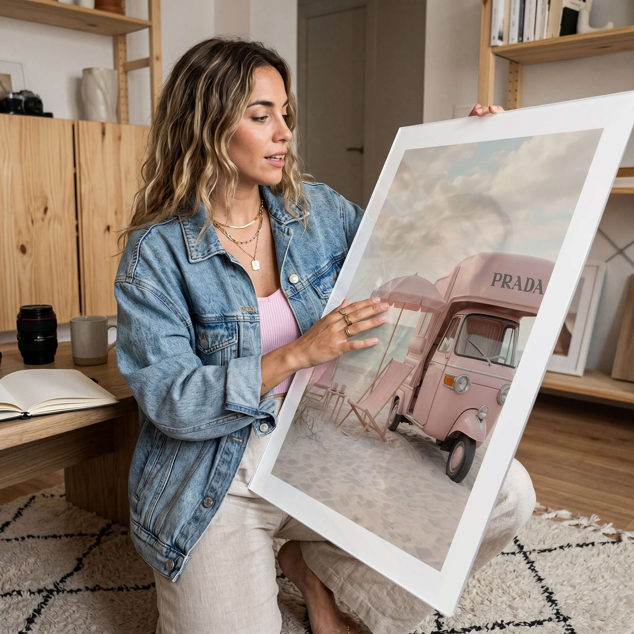 Cuadro Póster Furgoneta Rosa en la Playa | Decoración Pastel