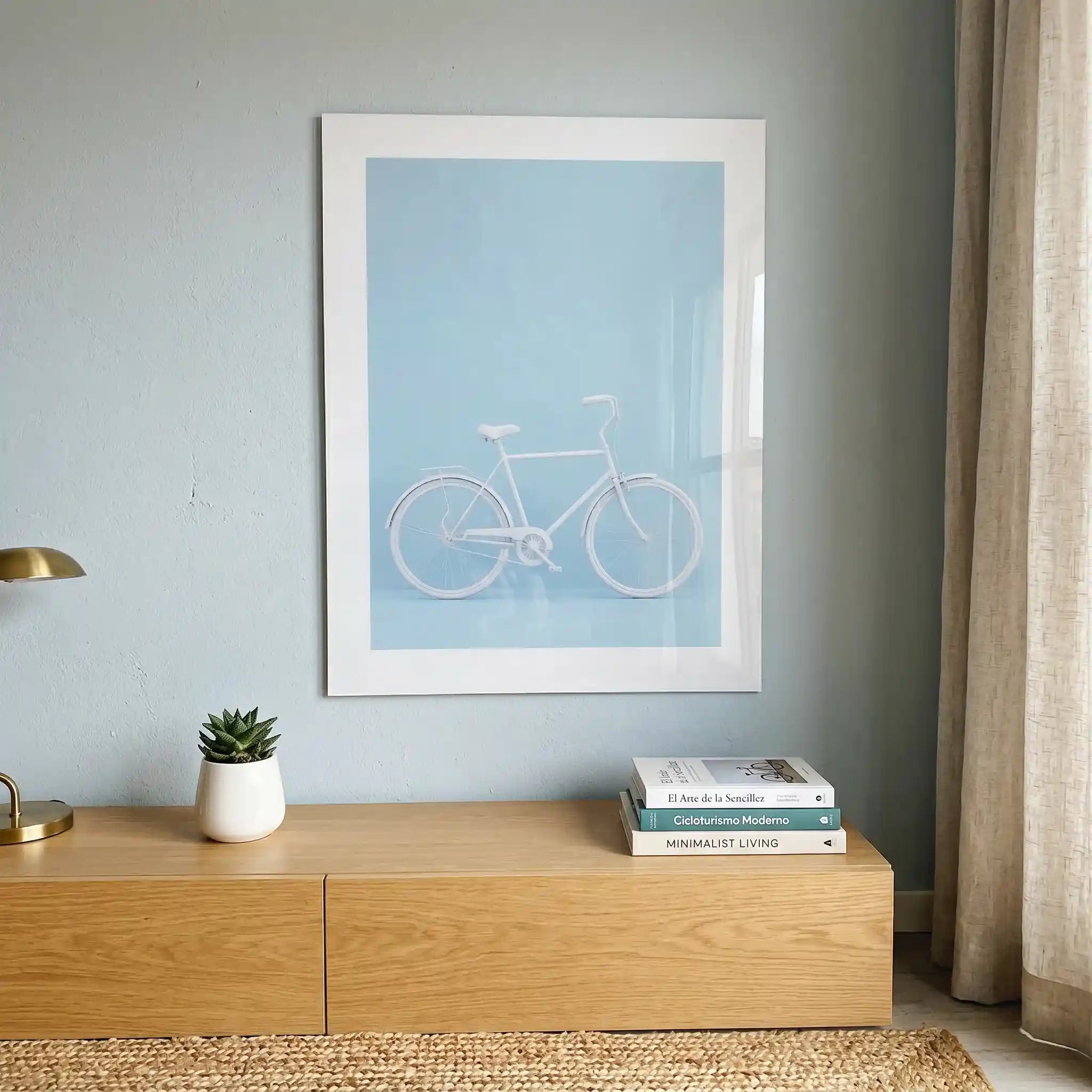 Cuadro Póster Bicicleta Blanca | Estilo Minimalista Azul Pastel