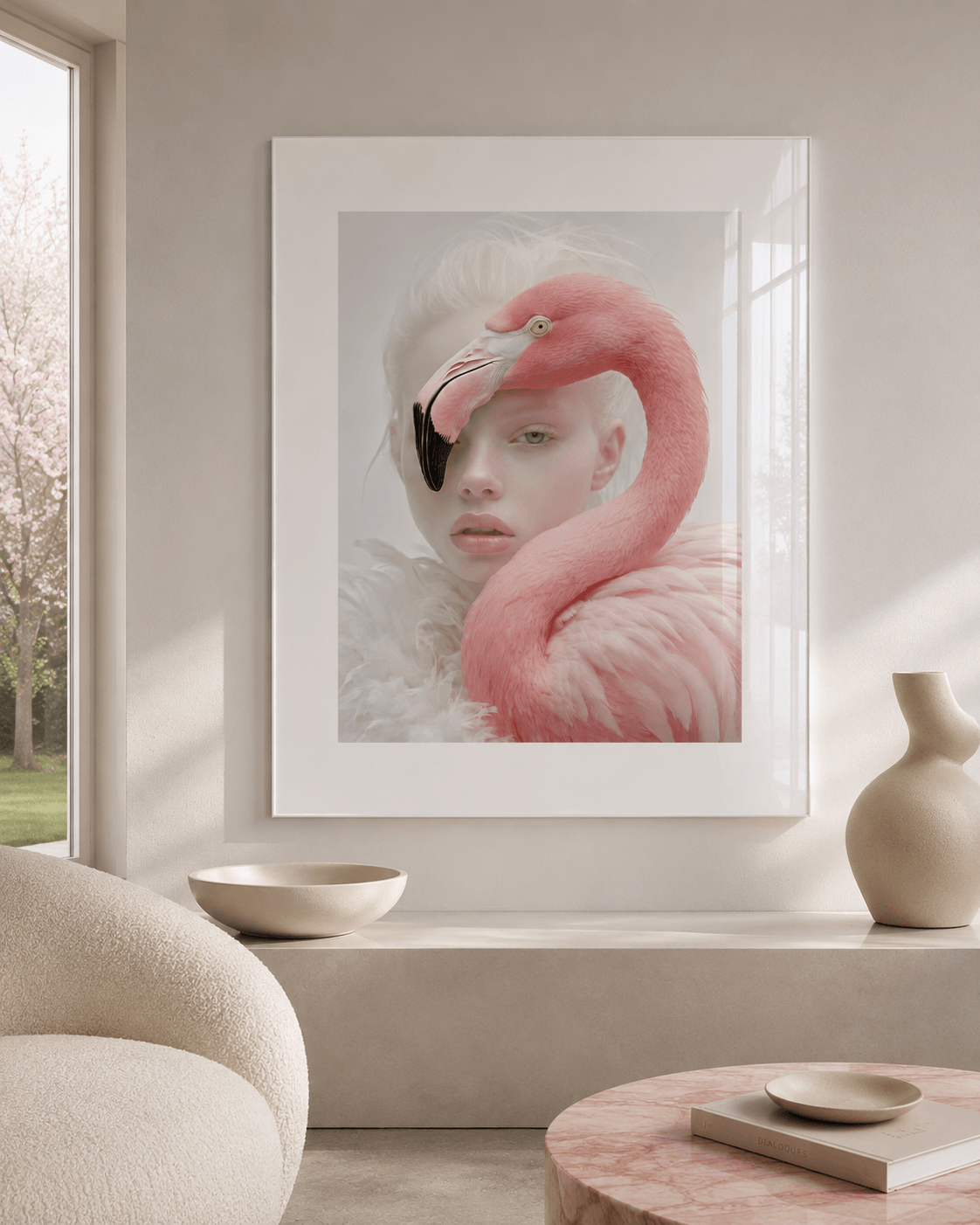 Cuadro Póster Mujer con Flamenco Rosa | Decoración Surrealista