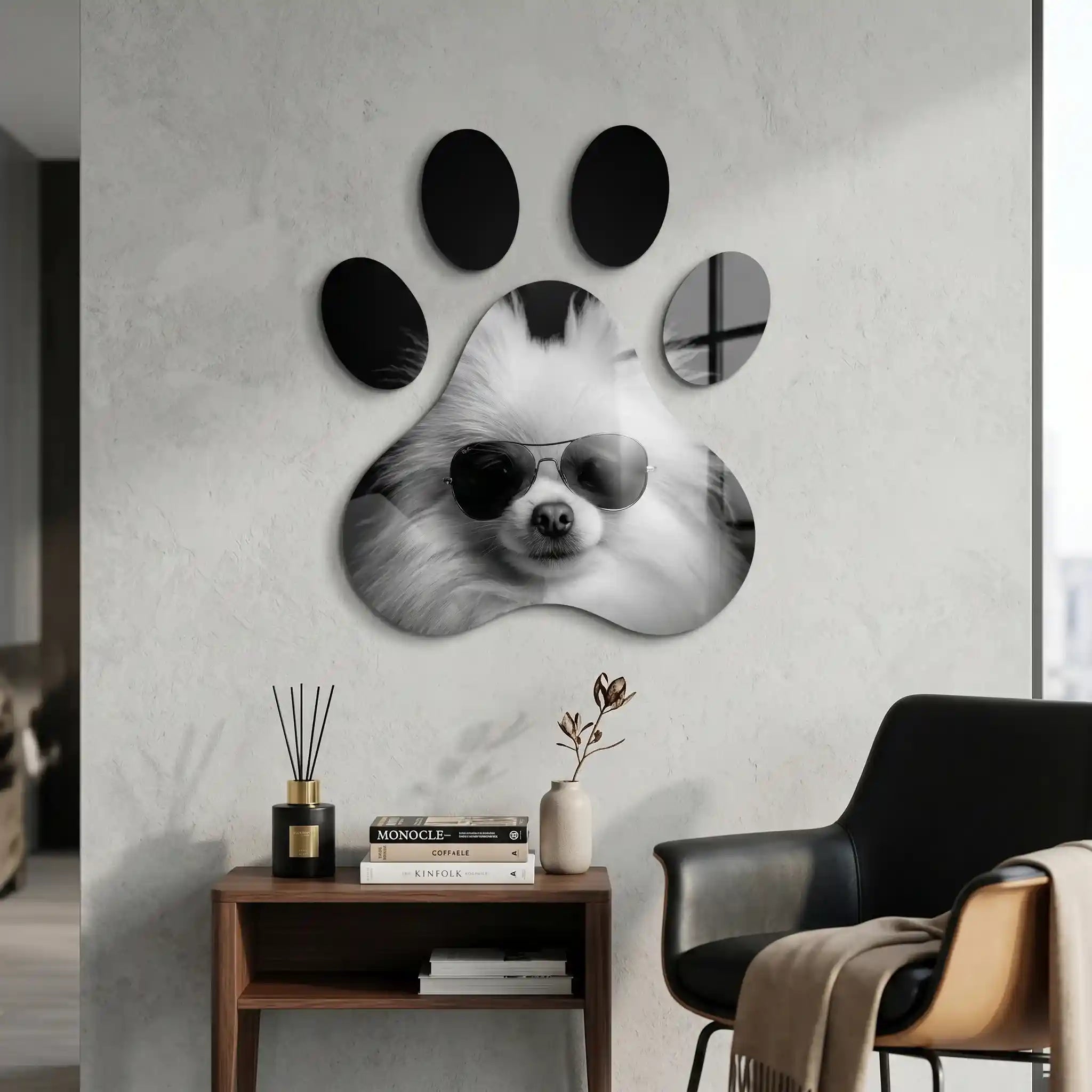 Cuadro Huella Canina | Pomerania con Gafas | Blanco y Negro
