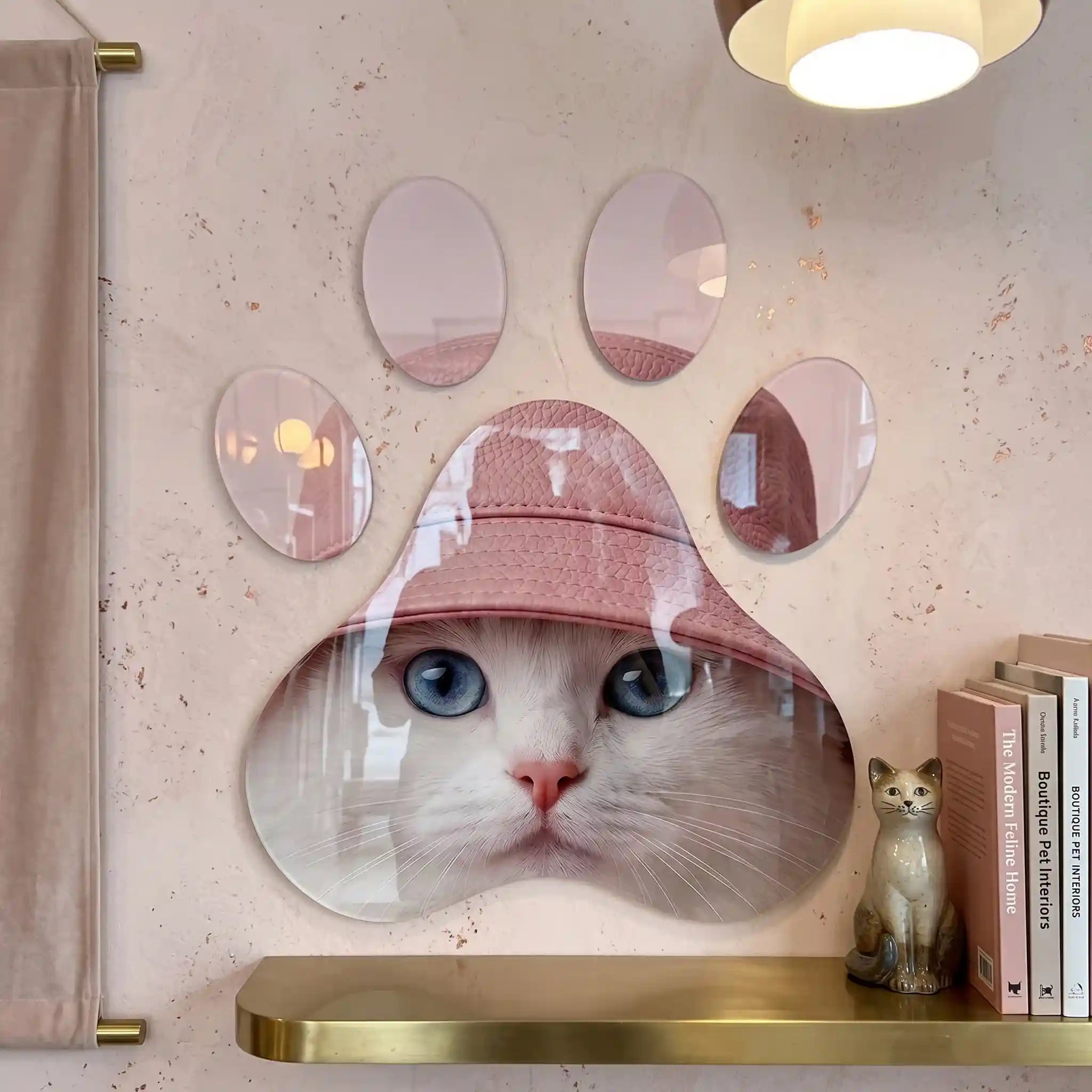 Cuadro Huella Felina | Gato Blanco con Sombrero Rosa