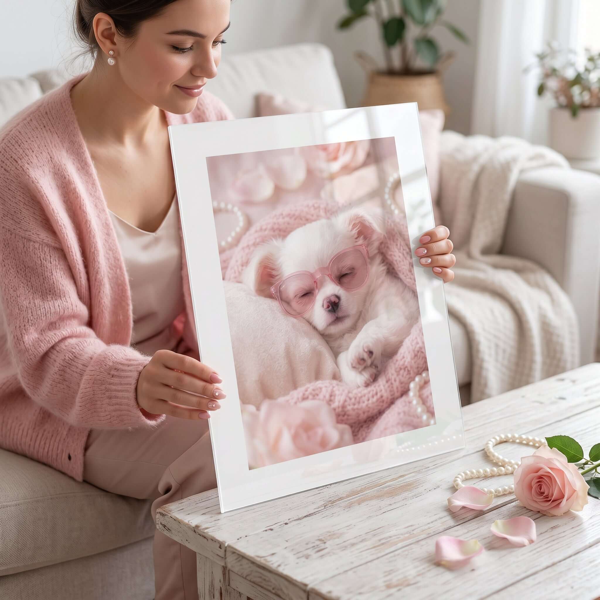 Cuadro Póster Cachorro Blanco | Decoración Rosa Pastel