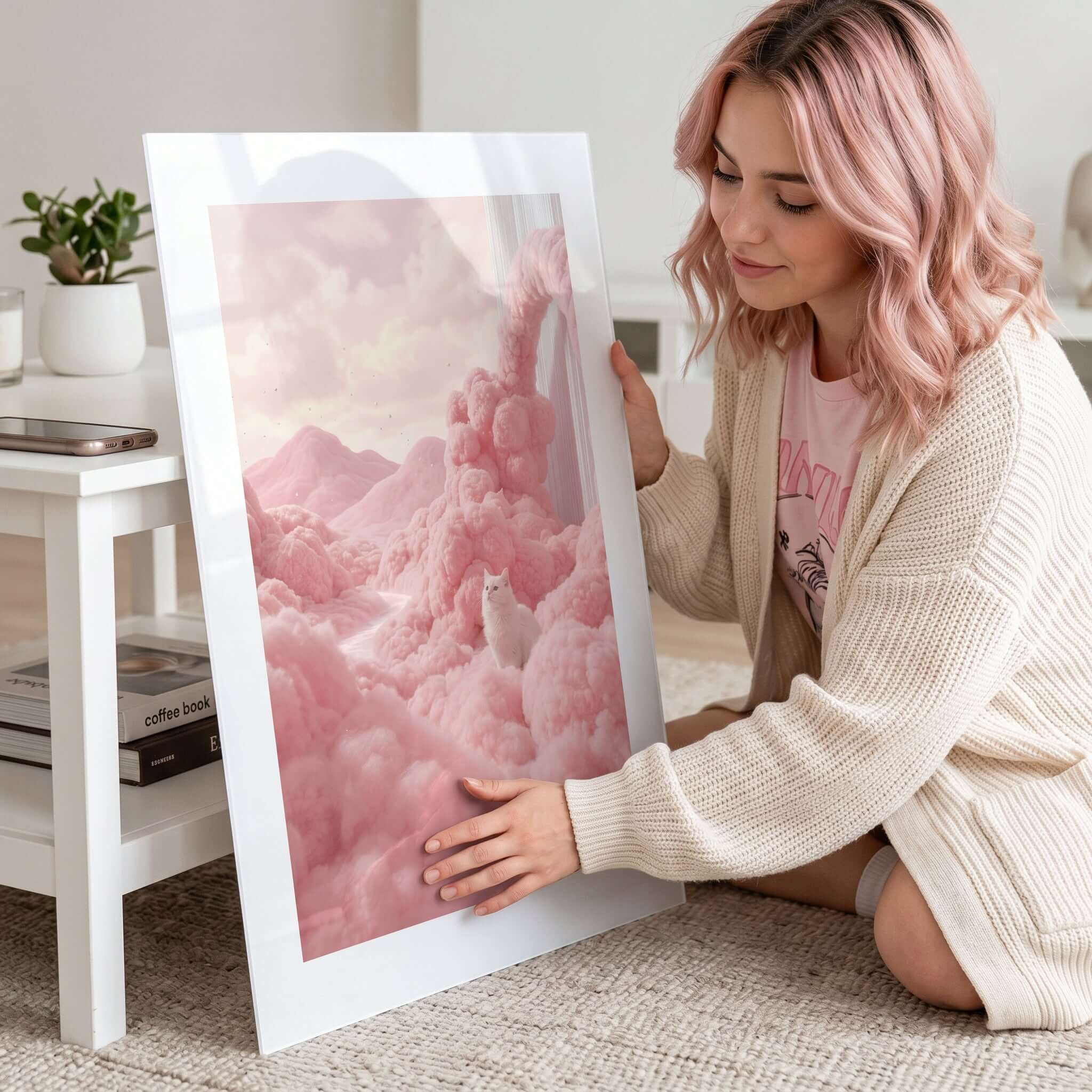 Cuadro Póster Gato Blanco entre Nubes | Decoración Rosa