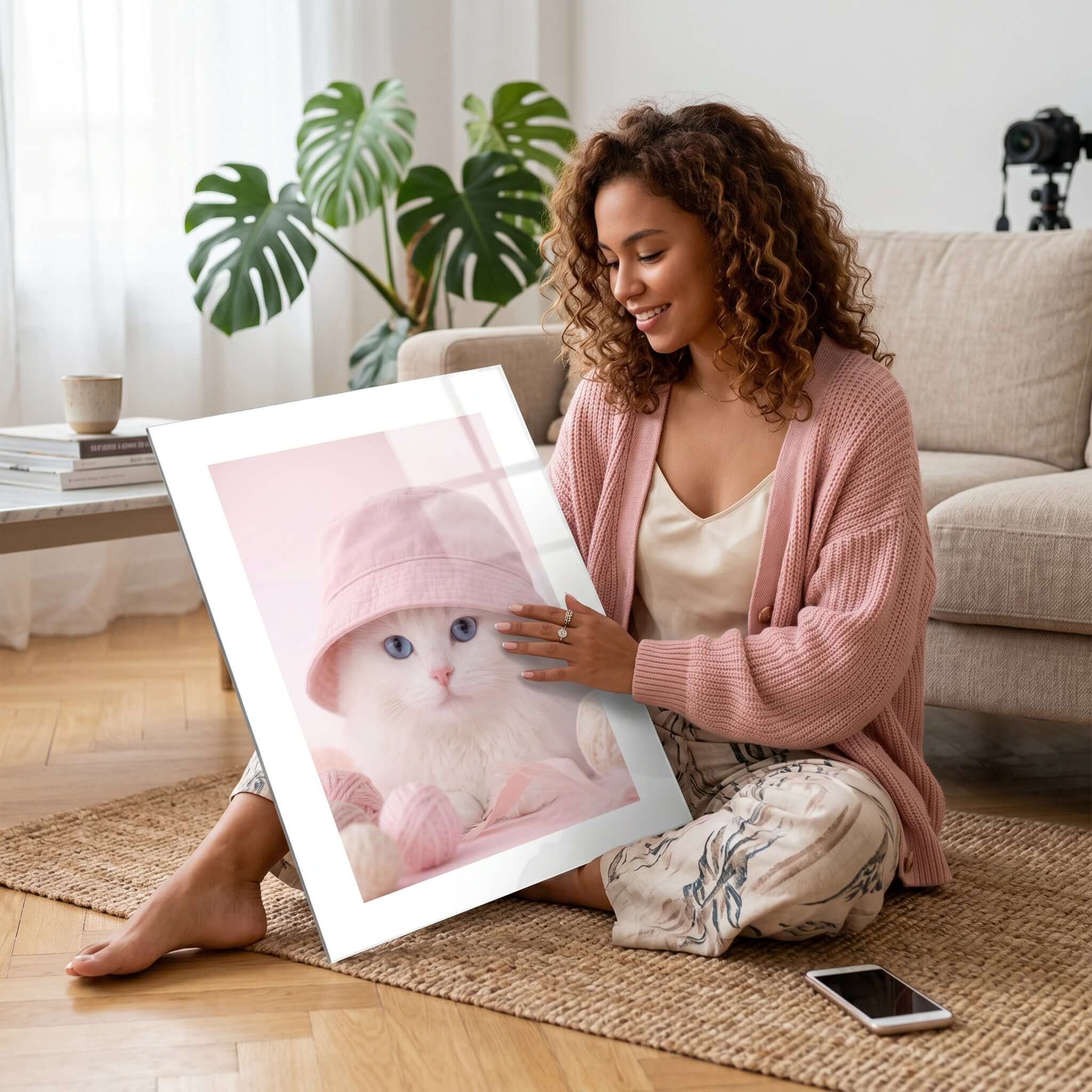 Cuadro Póster Gato Blanco con Sombrero | Decoración Rosa Pastel