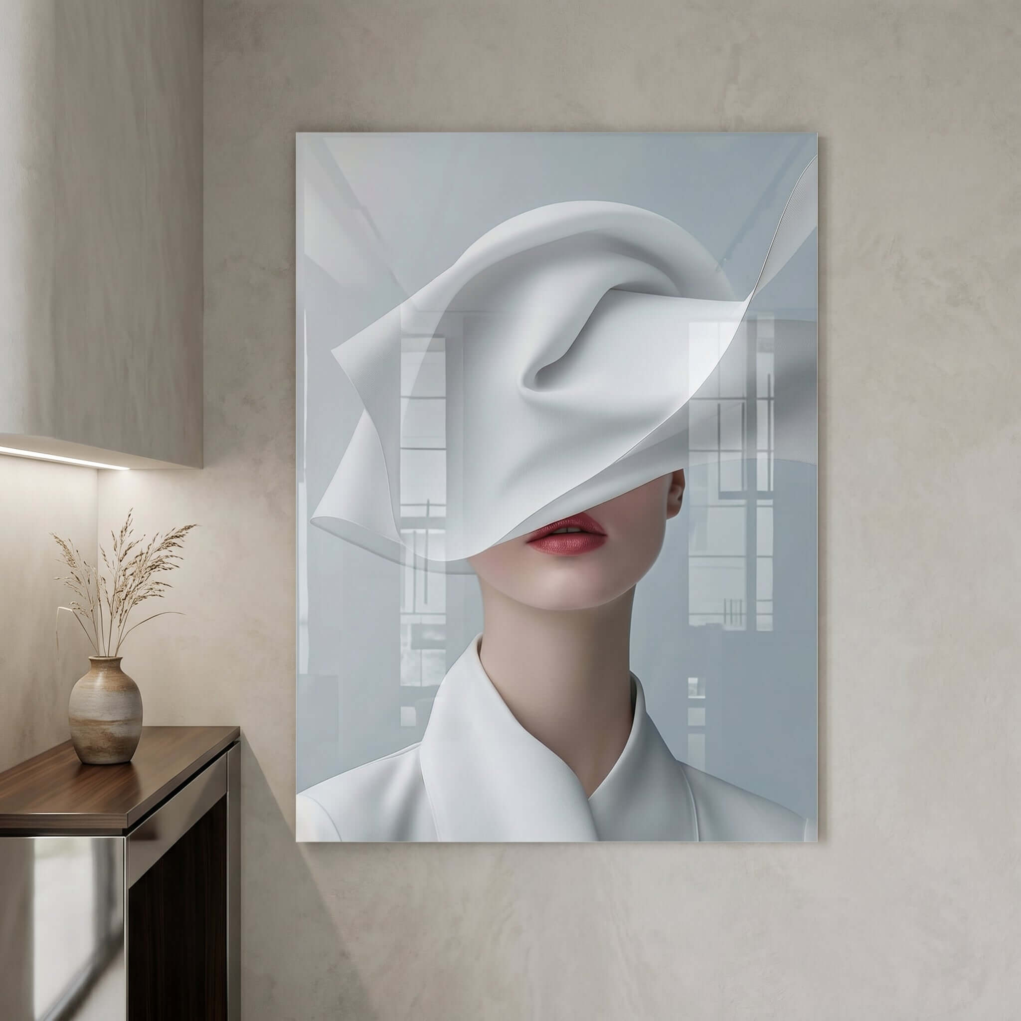 Cuadro Póster Mujer con Tela Blanca | Decoración Minimalista