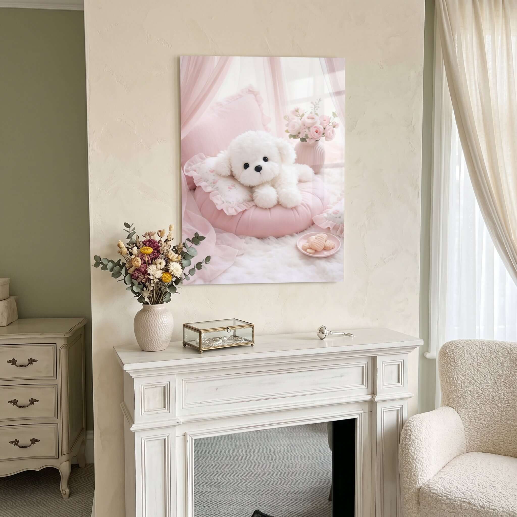 Cuadro Póster Perro Blanco con Flores | Decoración Rosa Pastel
