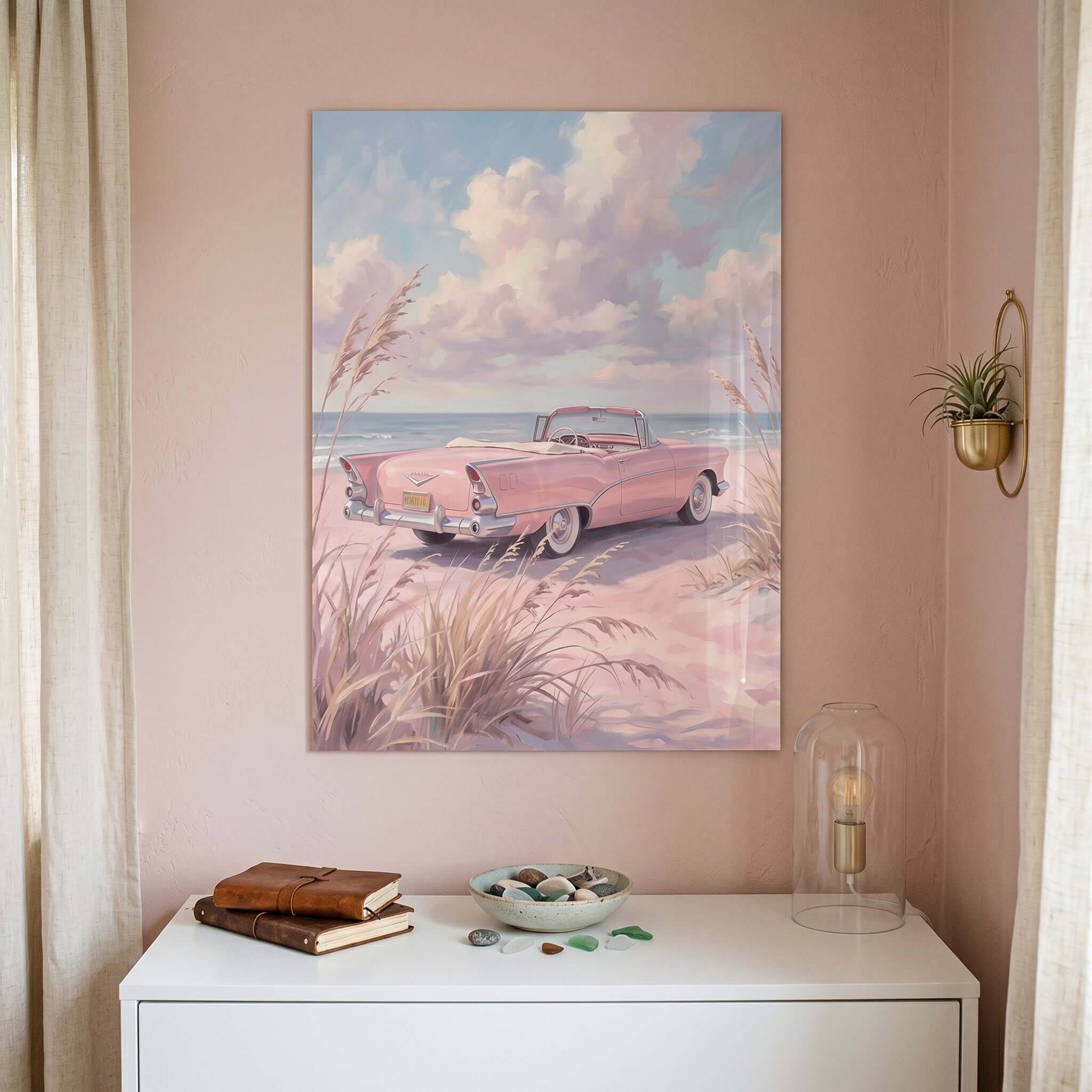 Cuadro Póster Coche Rosa junto al Mar | Decoración Pastel