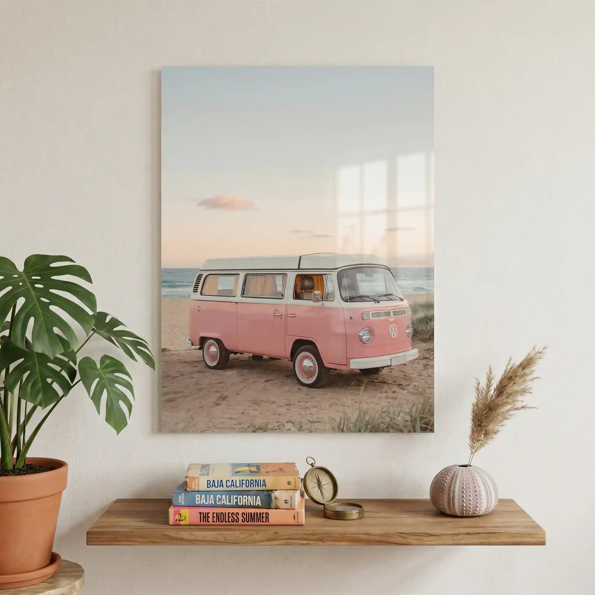 Cuadro Póster Furgoneta Retro Rosa en la Playa | Estilo Vintage