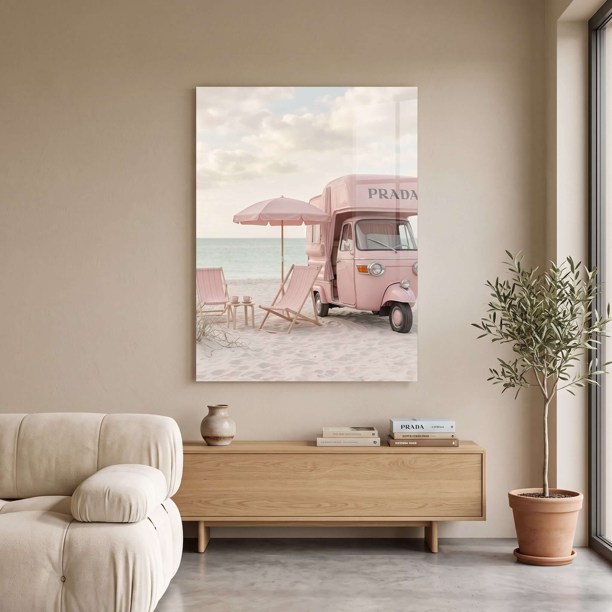 Cuadro Póster Furgoneta Rosa en la Playa | Decoración Pastel