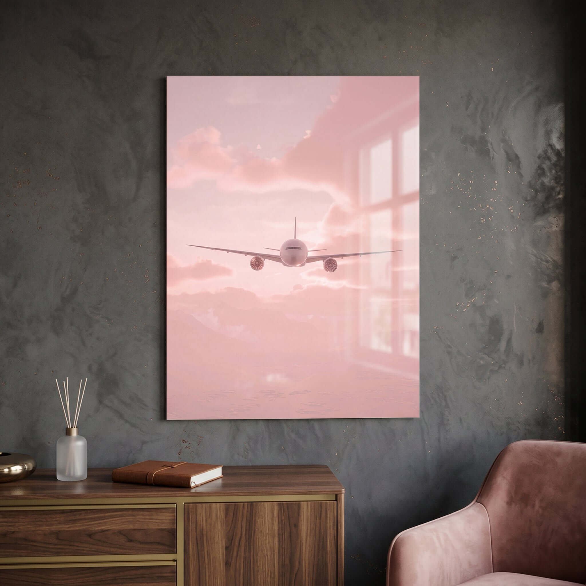 Cuadro Póster Avión al Amanecer | Decoración Rosa Pastel