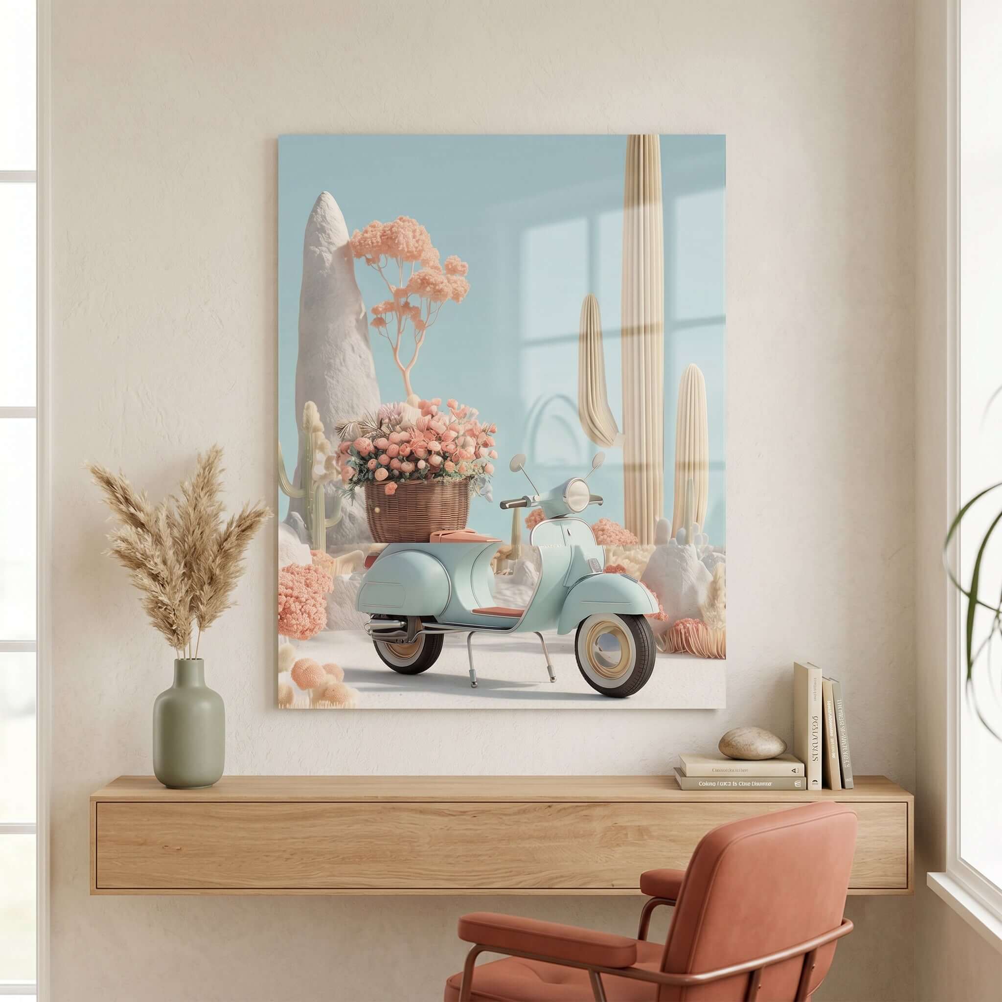 Cuadro Póster Vespa entre Cactus | Decoración Pastel