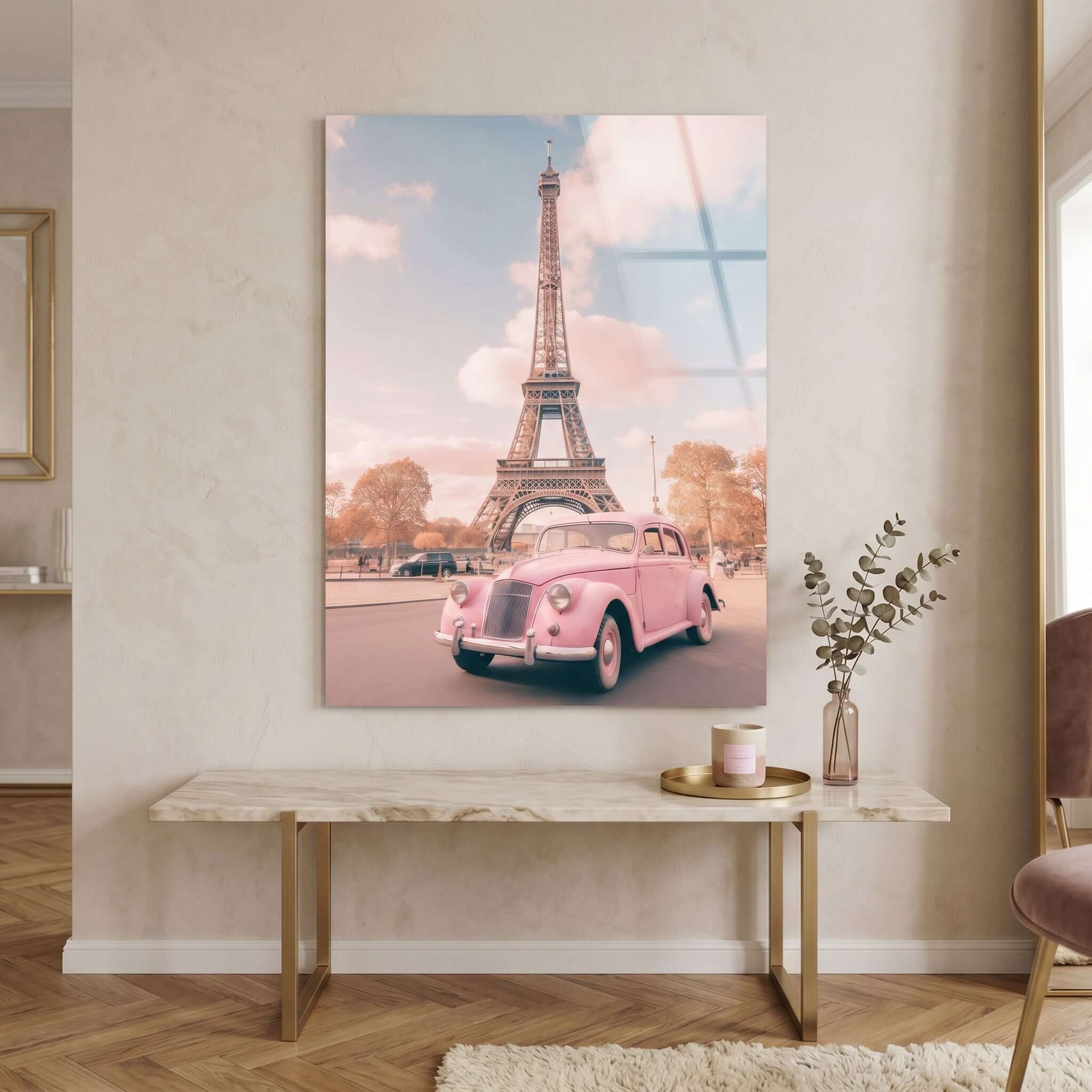 Cuadro Póster París con Coche Rosa | Decoración Pastel