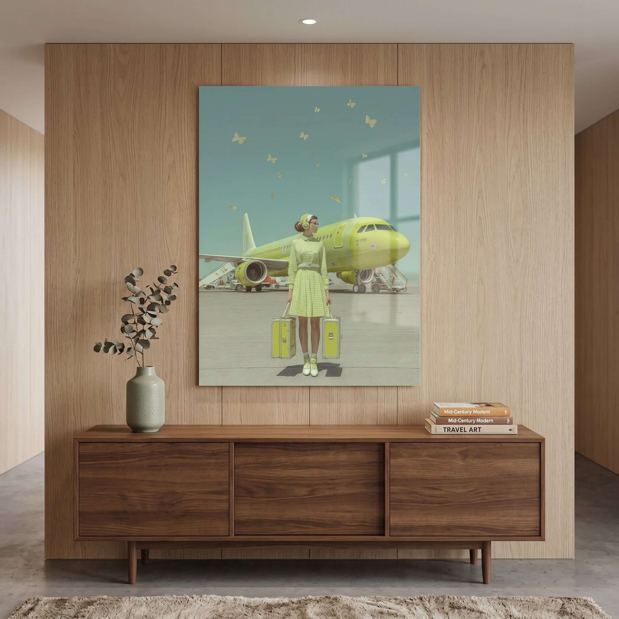 Cuadro Póster Avión Verde con Mariposas | Decoración Surrealista