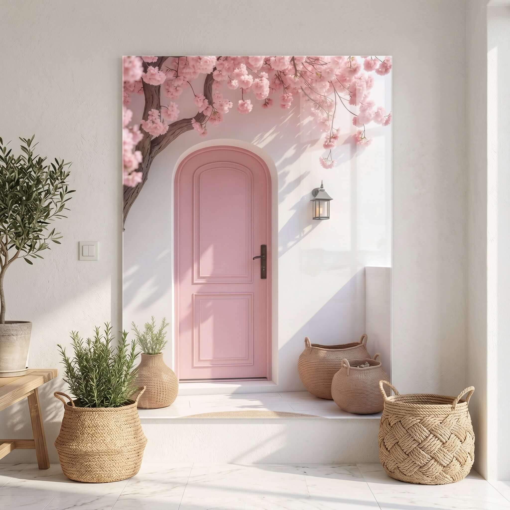 Cuadro Póster Puerta Rosa con Flores | Decoración Mediterránea