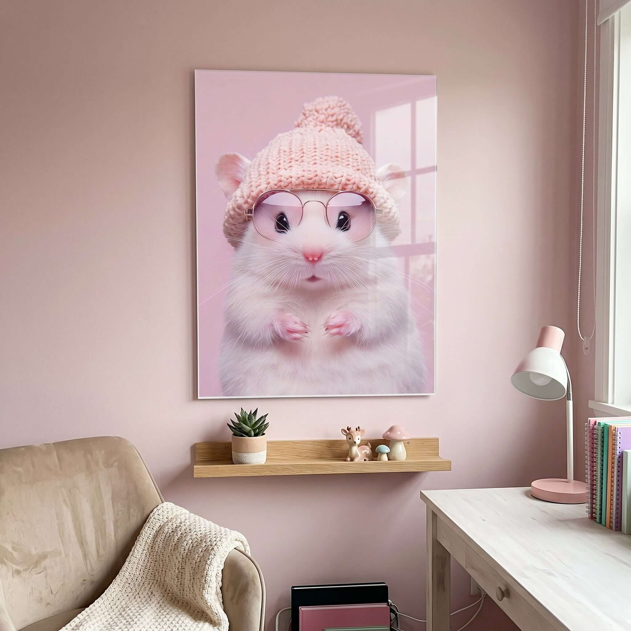 Cuadro Póster Hámster con Gorro | Decoración Rosa Pastel