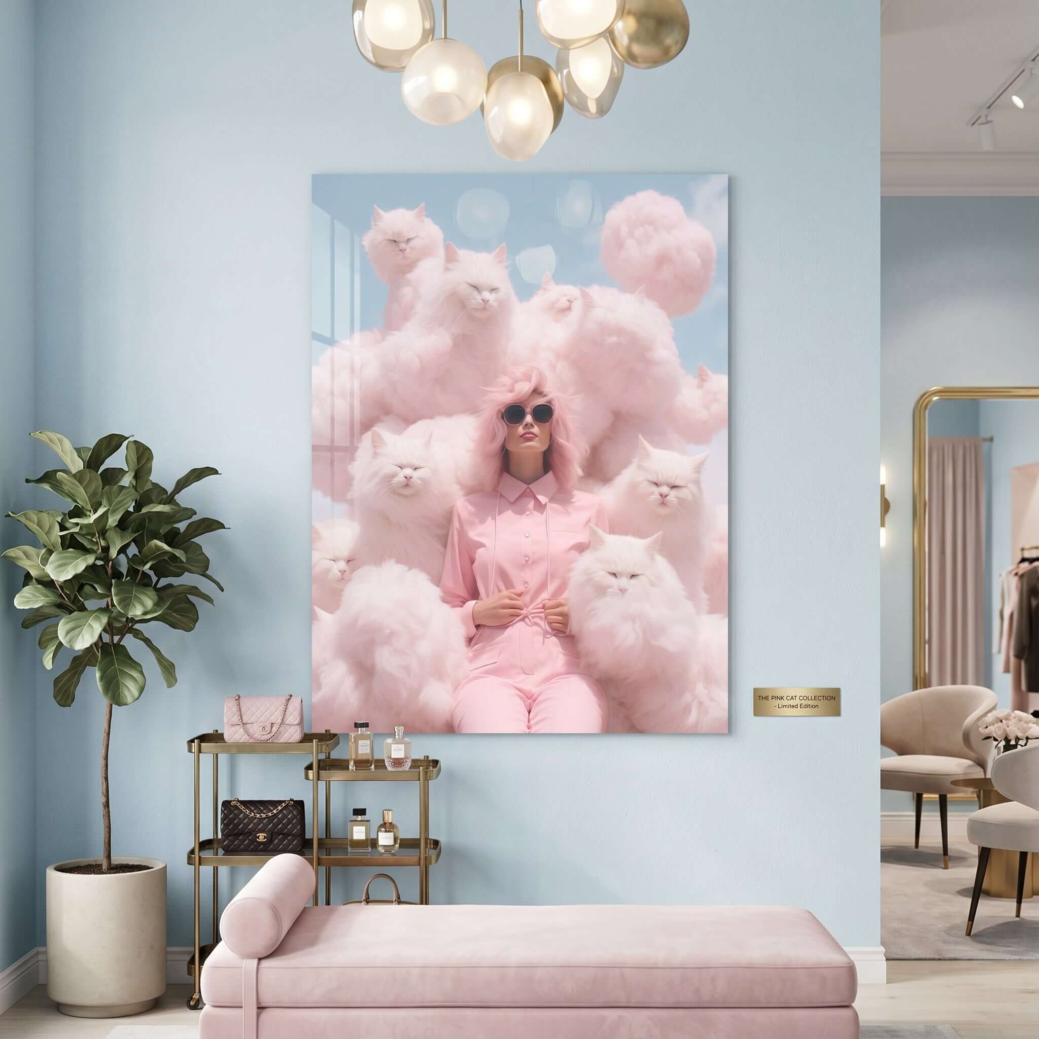 Cuadro Póster Mujer con Gatos Rosas | Decoración Surrealista